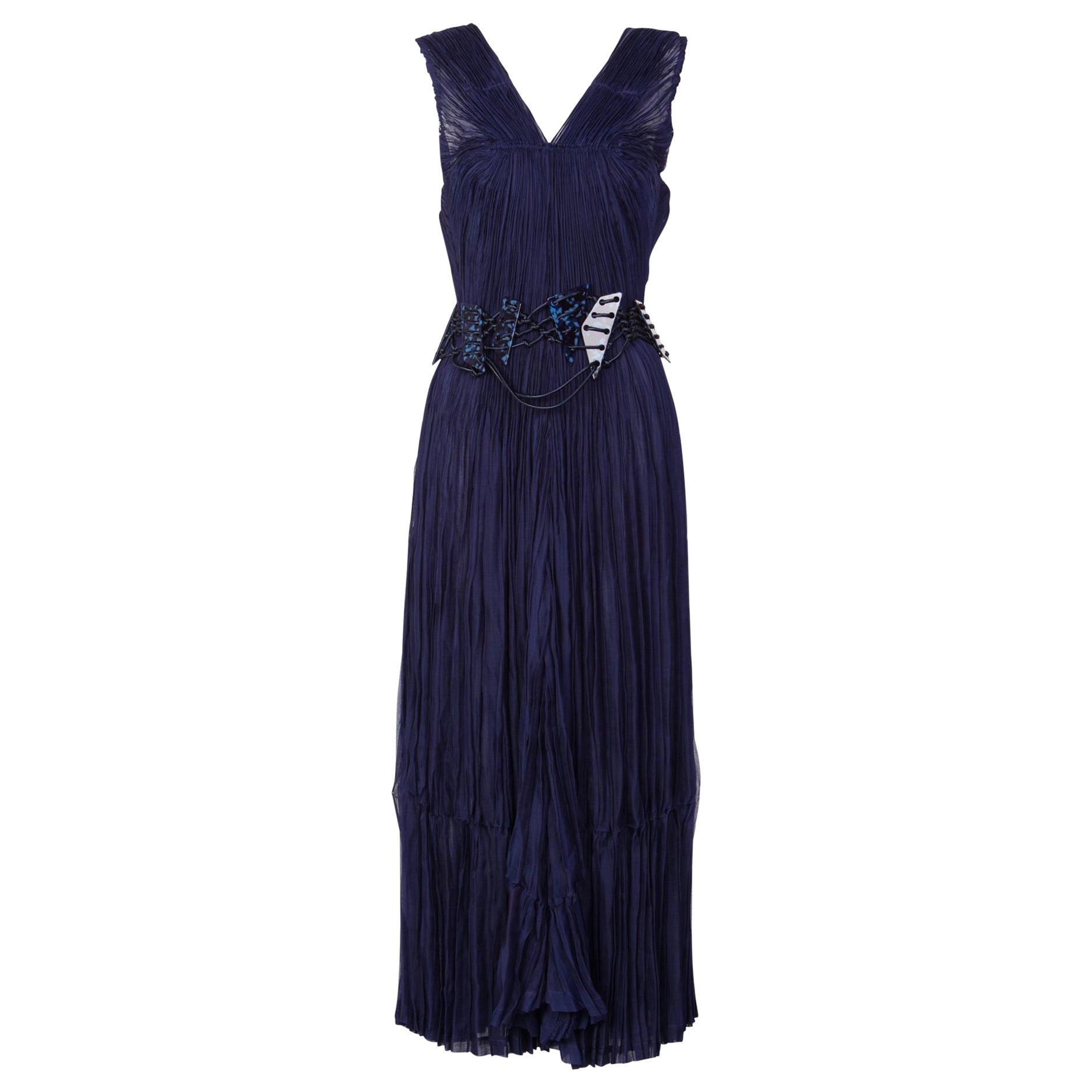 Issey Miyake Blue Pleated Maxi Dress w/ Lucite Belt For Sale at 1stDibs