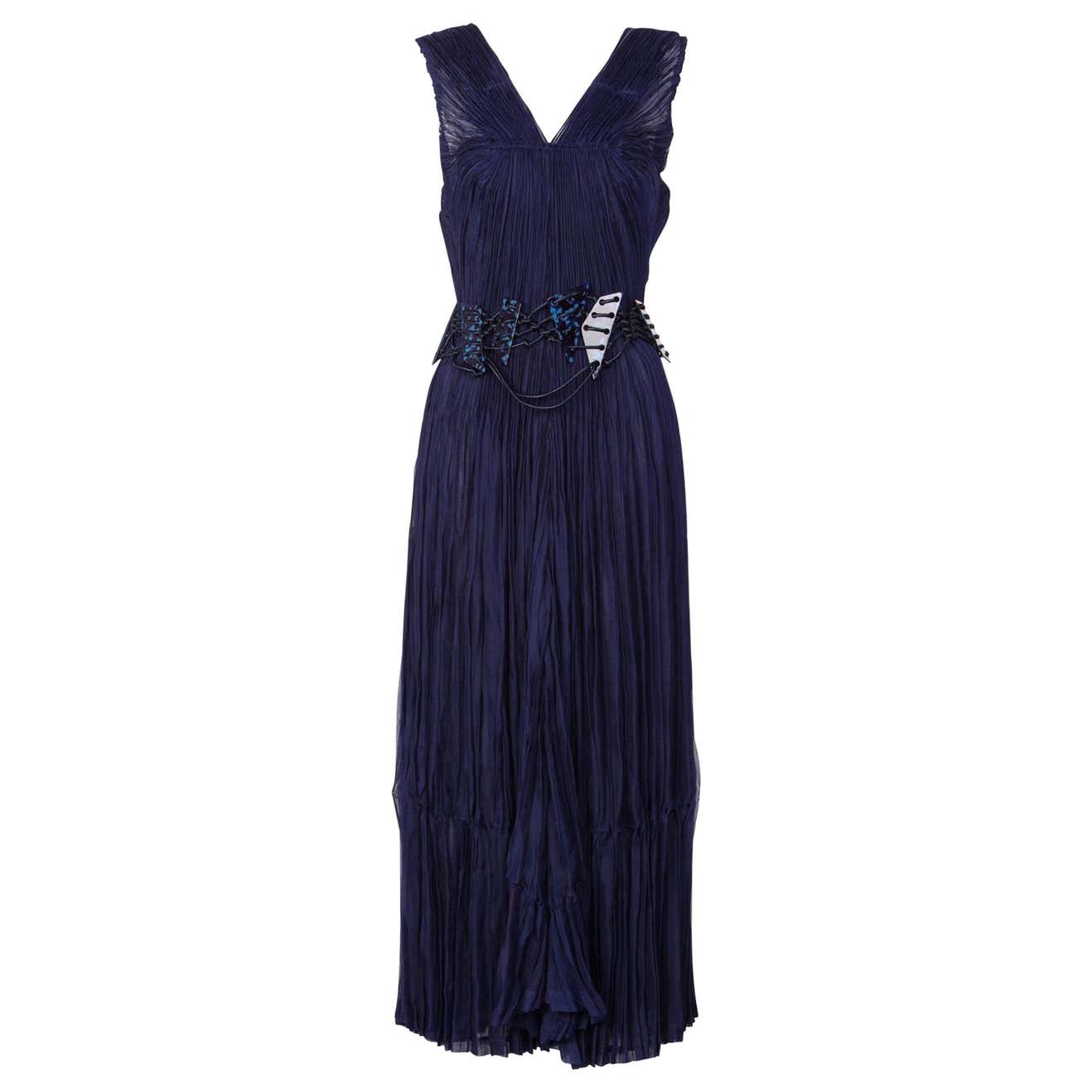Issey Miyake Blue Pleated Maxi Dress w/ Lucite Belt at 1stDibs