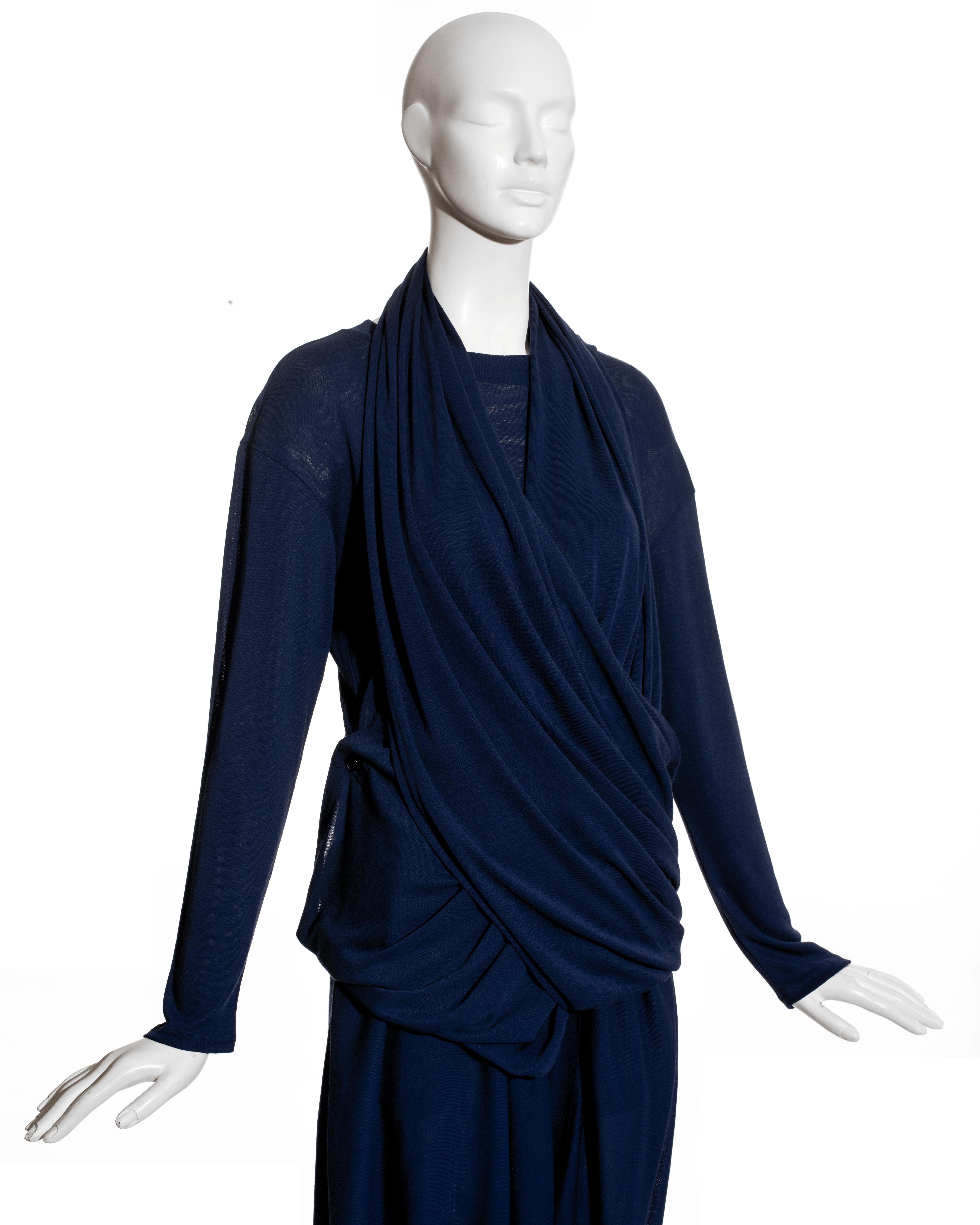 Black Issey Miyake blue rayon harem pant suit, c. 1985 For Sale