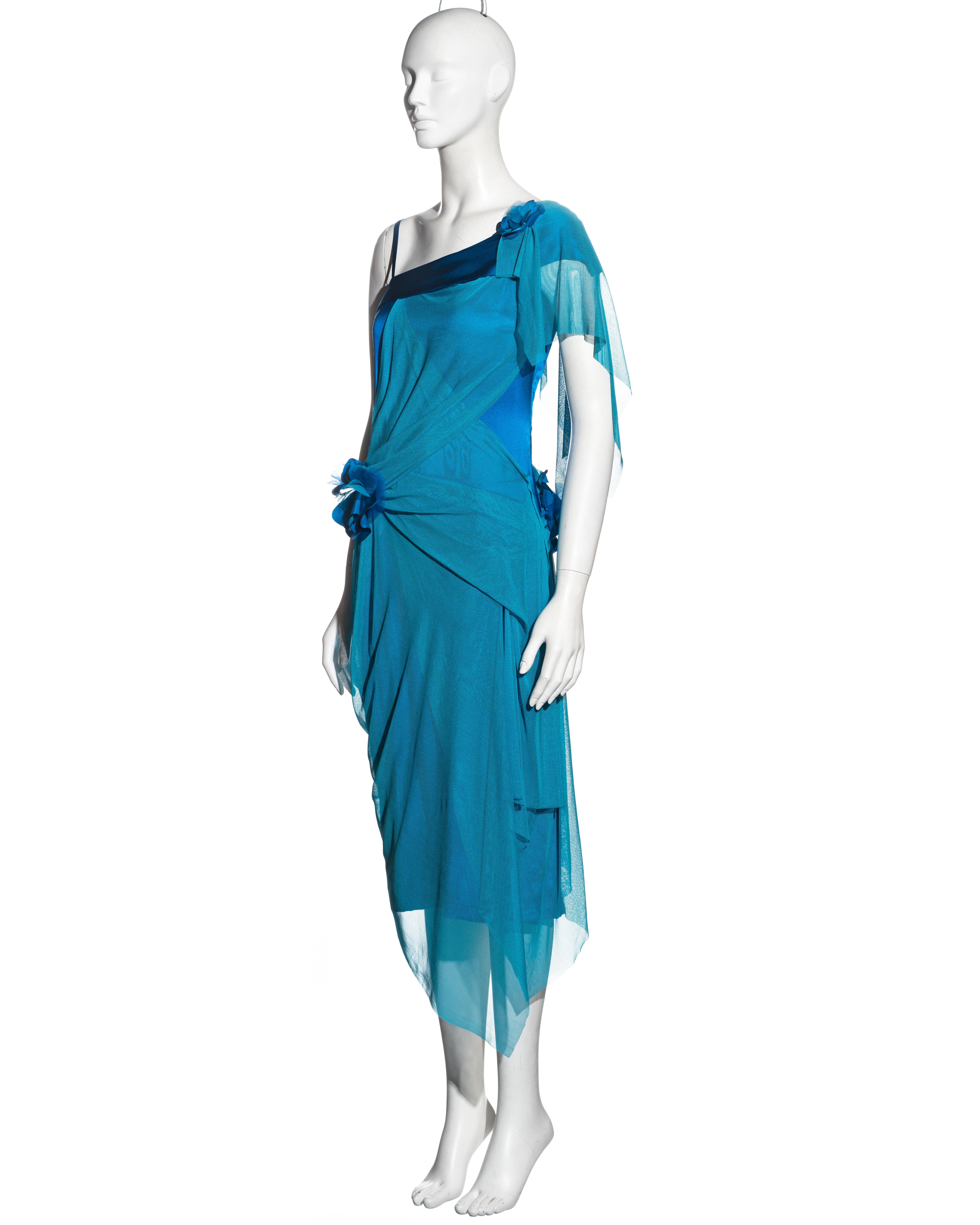 Issey Miyake blue silk dress with drapedmesh overlay, ss 2005 For Sale 3