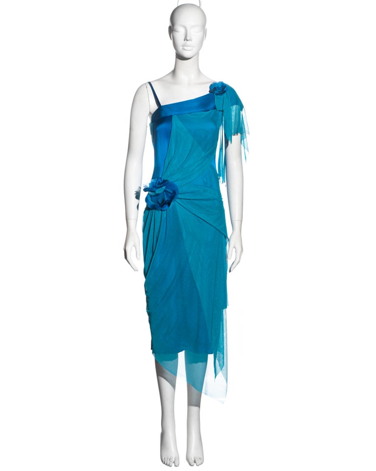 Issey Miyake blue silk dress with drapedmesh overlay, ss 2005 at 1stDibs |  ss2005 issey miyake, aqua asymmetric overlay crepe gown, issey miyake 2005