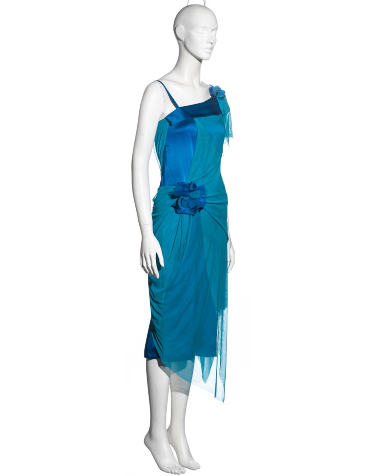 Issey Miyake blue silk dress with drapedmesh overlay, ss 2005 For Sale at 1stDibs