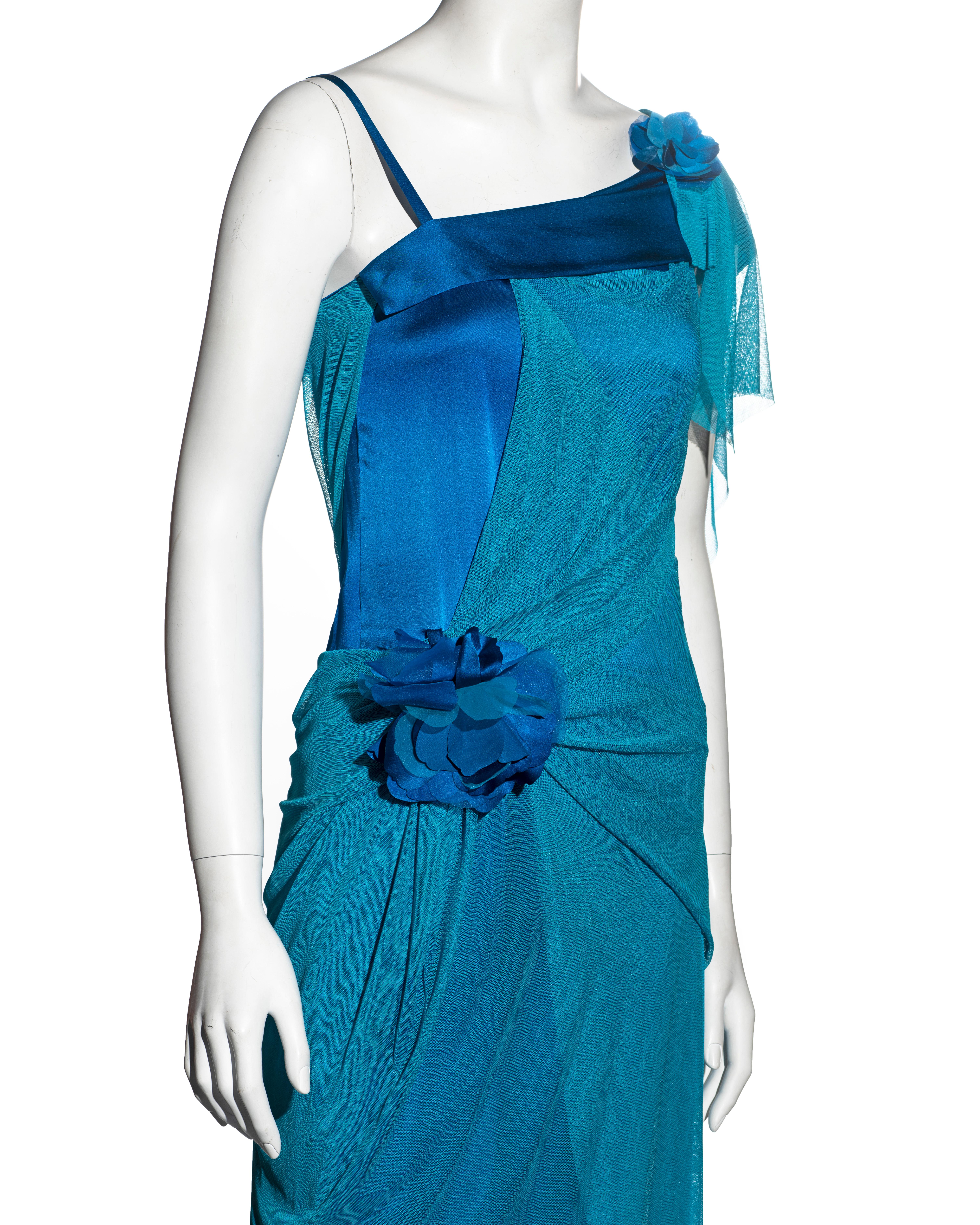 Blue Issey Miyake blue silk dress with drapedmesh overlay, ss 2005 For Sale