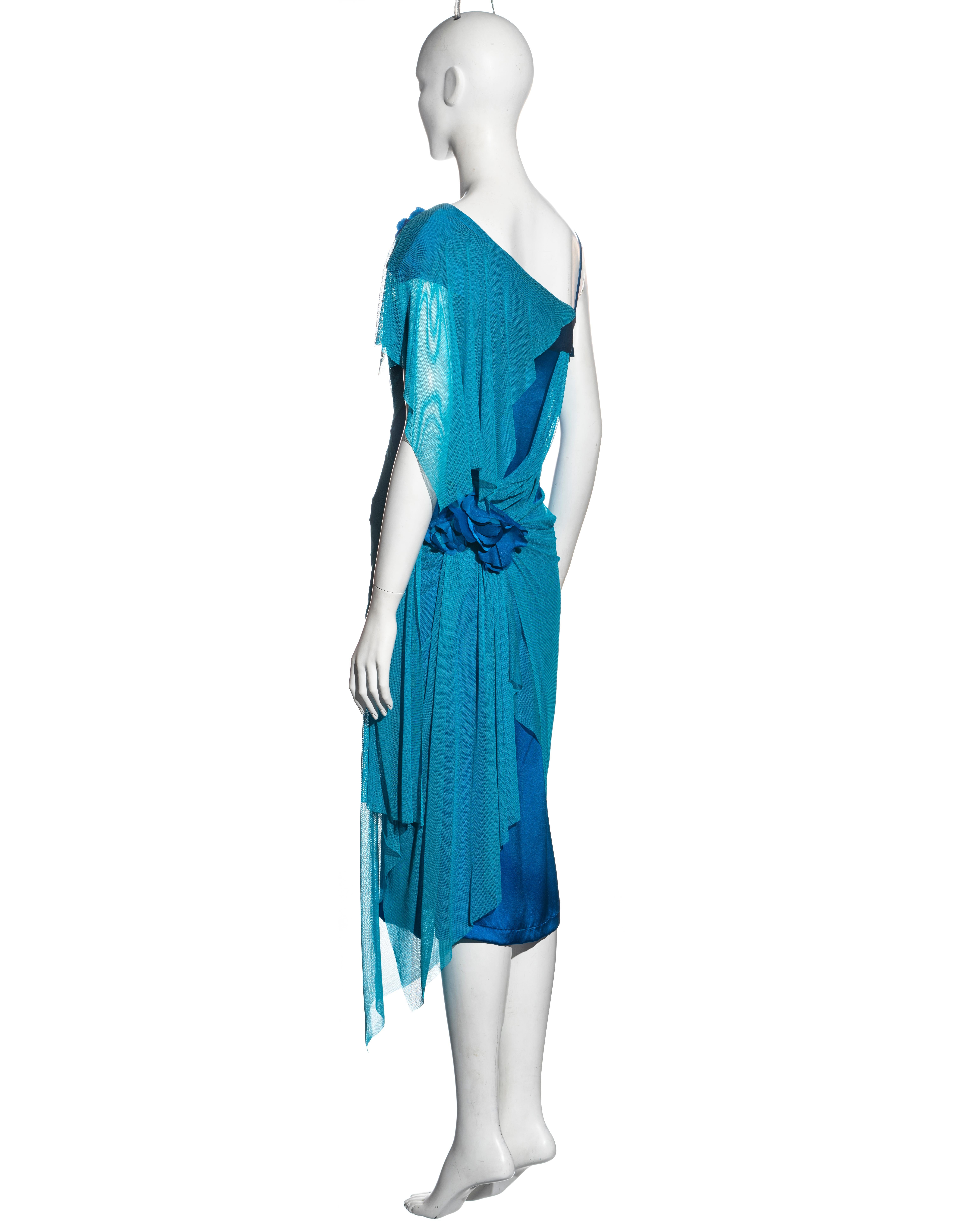 Issey Miyake blue silk dress with drapedmesh overlay, ss 2005 In Excellent Condition For Sale In London, GB