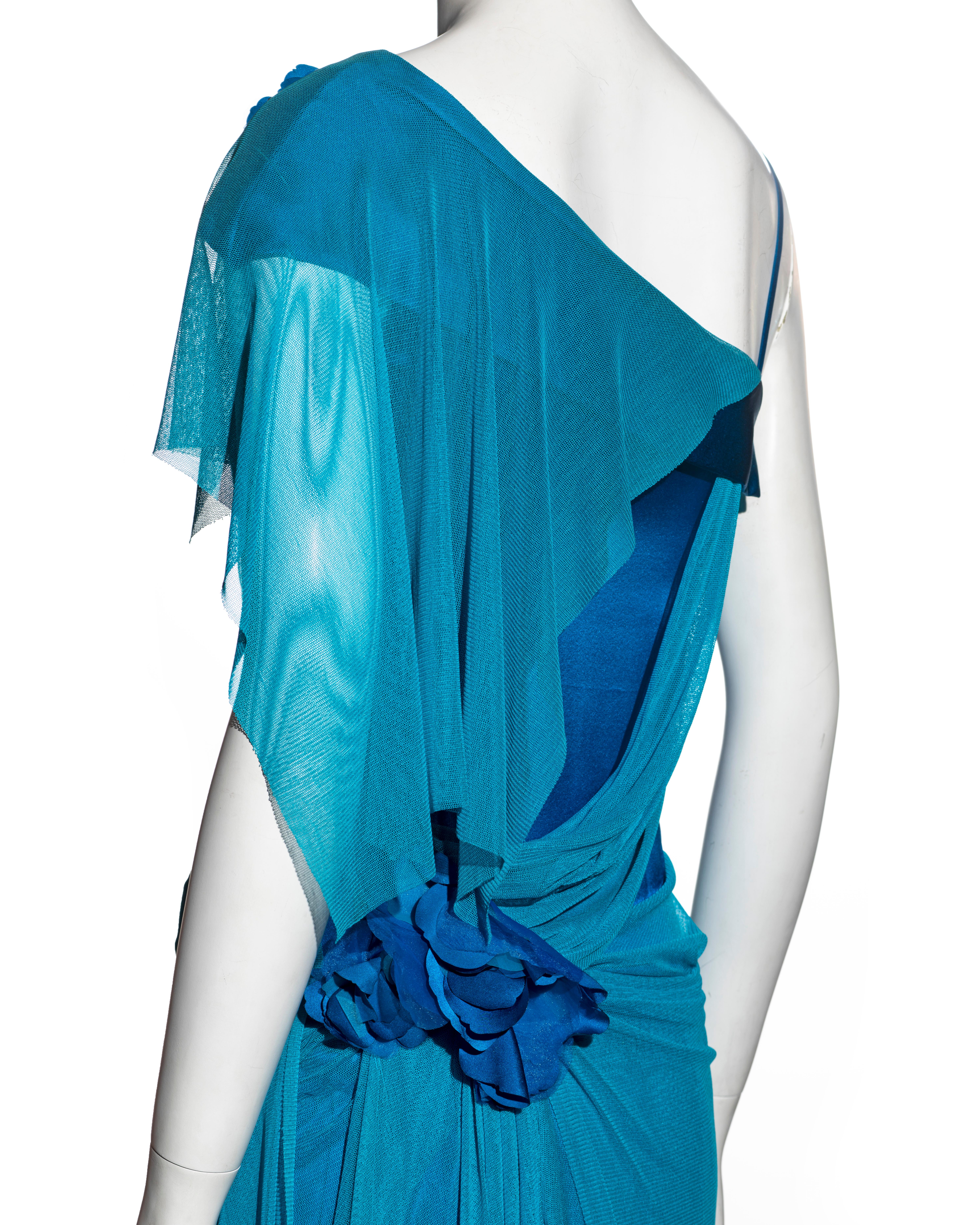 Women's Issey Miyake blue silk dress with drapedmesh overlay, ss 2005 For Sale
