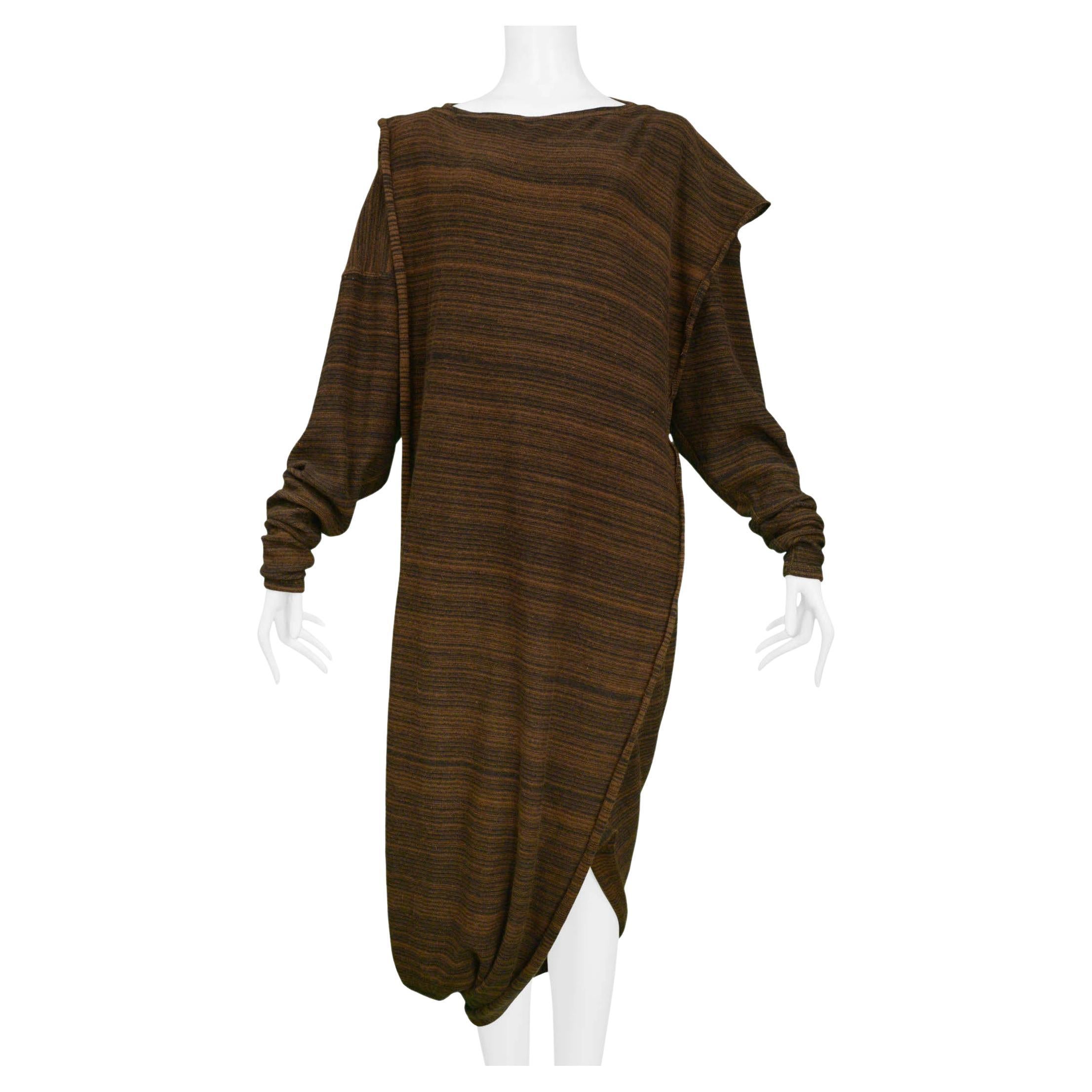 Issey Miyake Brown & Black Stripe Toga Knit Dress For Sale