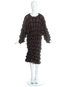 Issey Miyake brown checked wool sweater dress with elastic binding, fw 1985