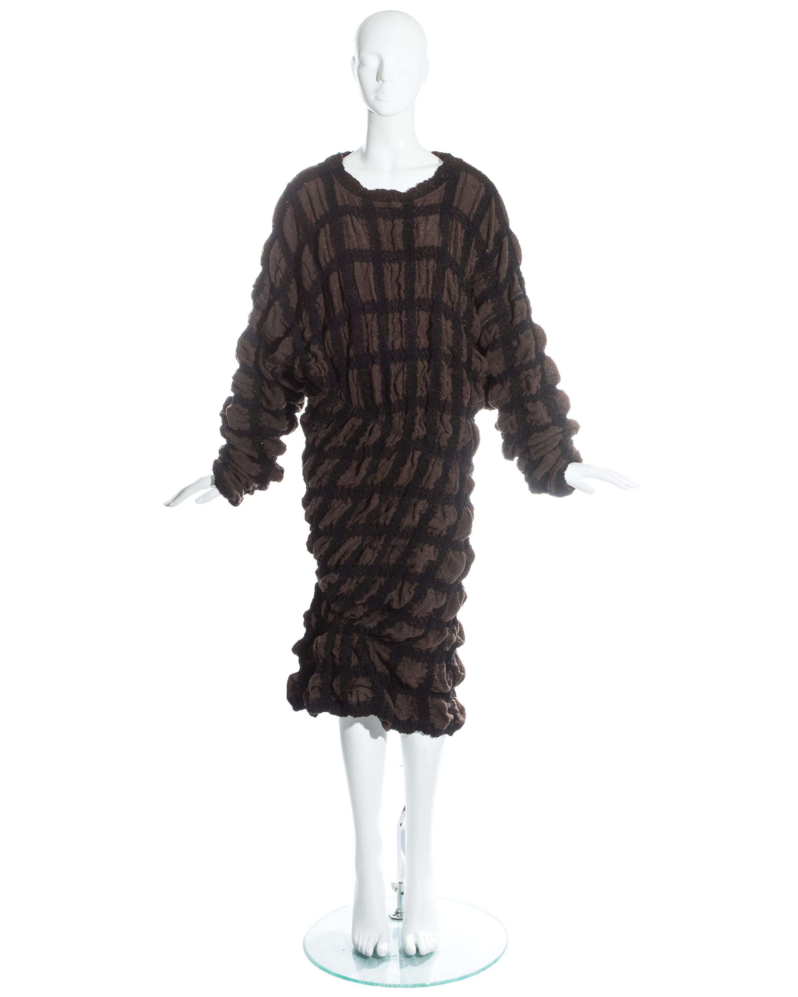 Black Issey Miyake brown checked wool sweater dress with elastic binding, fw 1985 For Sale