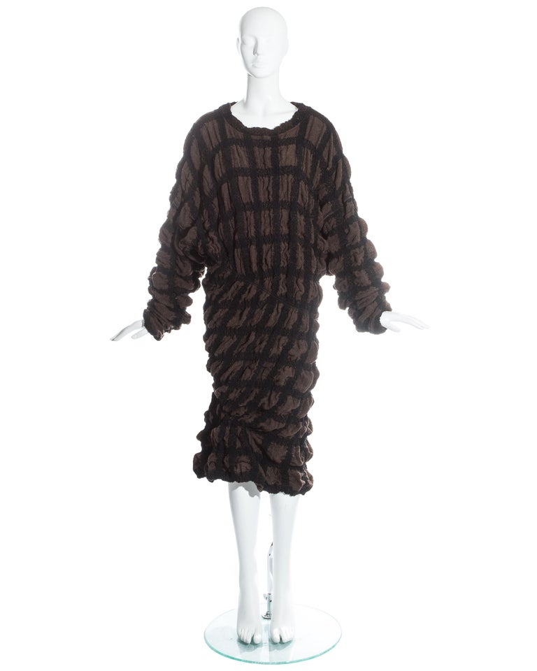 Issey Miyake brown checked wool sweater dress with elastic binding, fw ...