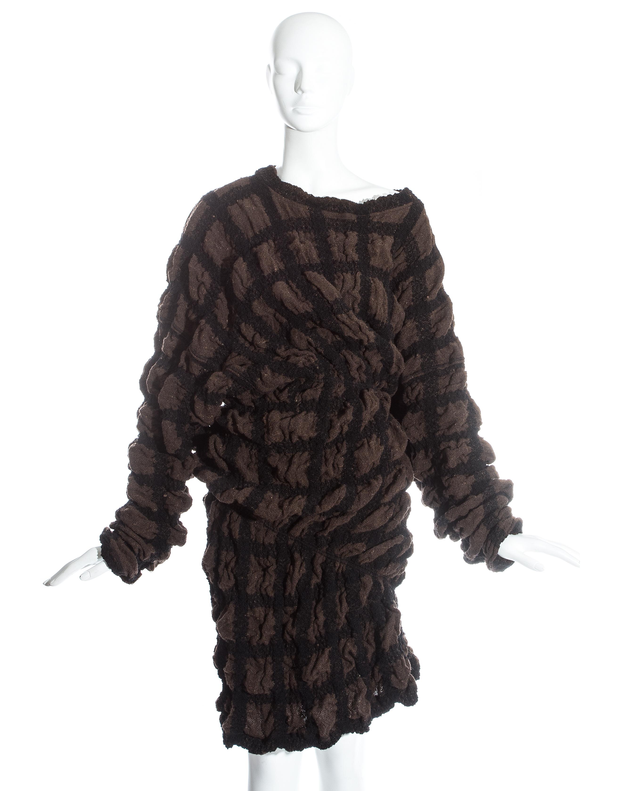 Women's Issey Miyake brown checked wool sweater dress with elastic binding, fw 1985 For Sale