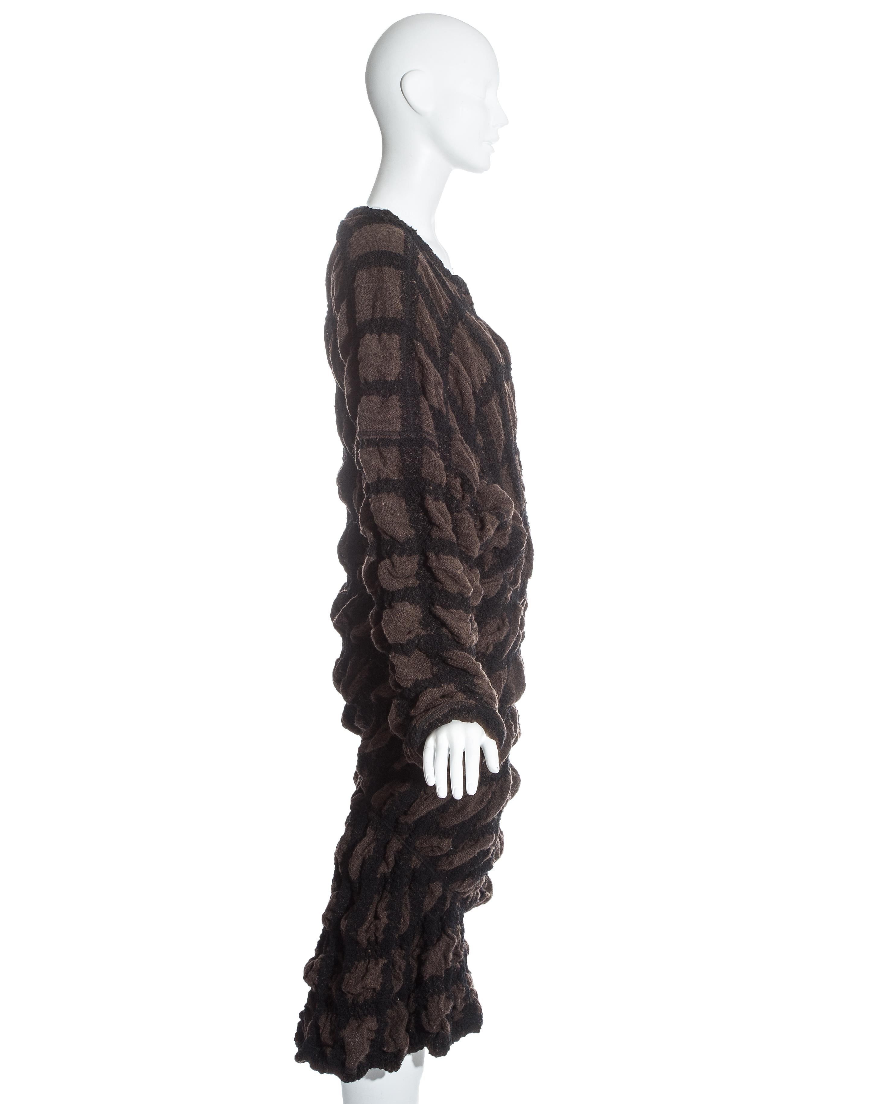 Issey Miyake brown checked wool sweater dress with elastic binding, fw 1985 For Sale 1
