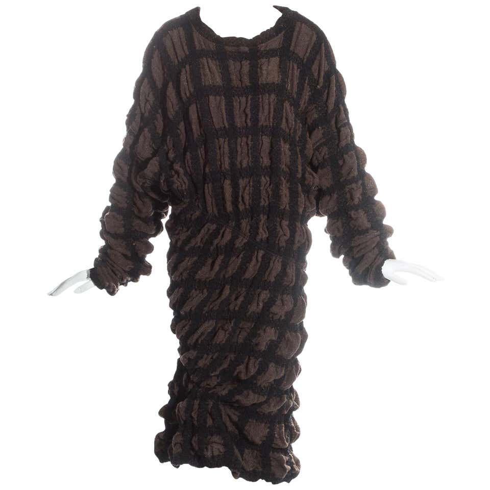 Issey Miyake brown checked wool sweater dress with elastic binding, fw ...