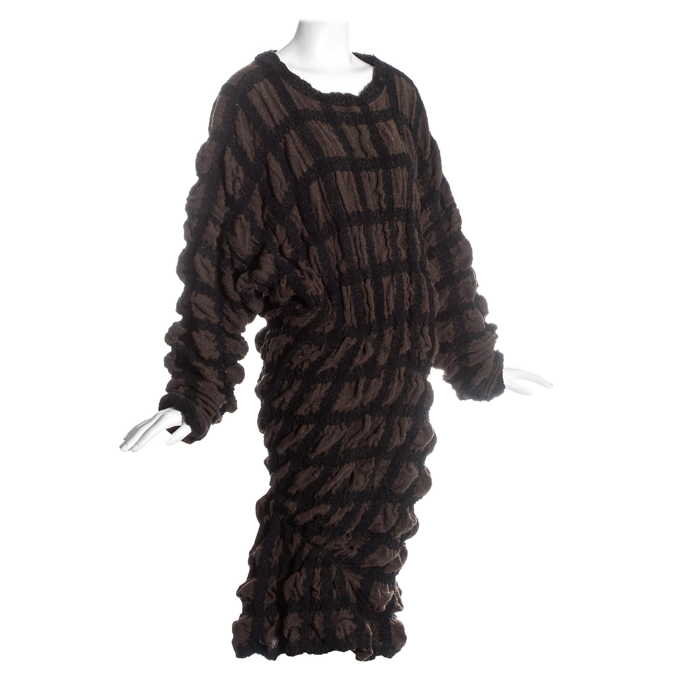 Issey Miyake brown checked wool sweater dress with elastic binding, fw 1985