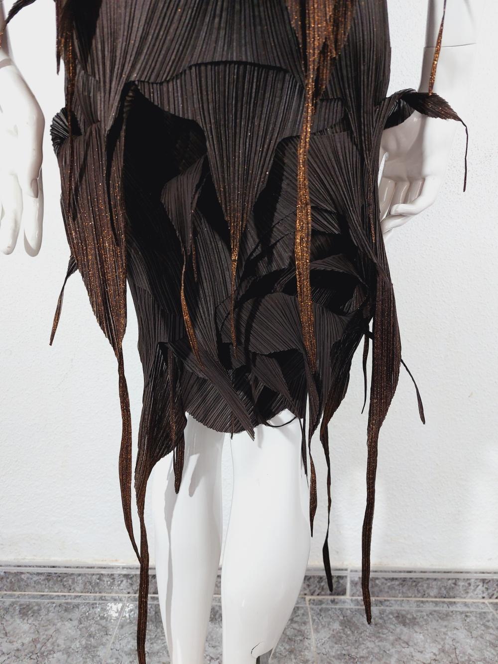 Issey Miyake Brown Gold Fringe Runway Japanese Pleats Please Dress Gown For Sale 6