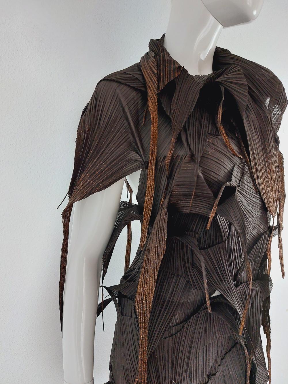 Issey Miyake Brown Gold Fringe Runway Japanese Pleats Please Dress Gown For Sale 1