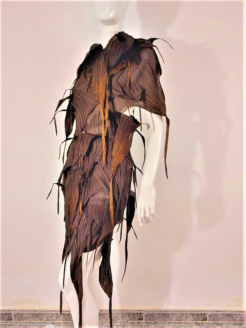 Issey Miyake Brown Gold Fringe Runway Japanese Pleats Please Dress Gown For Sale 2