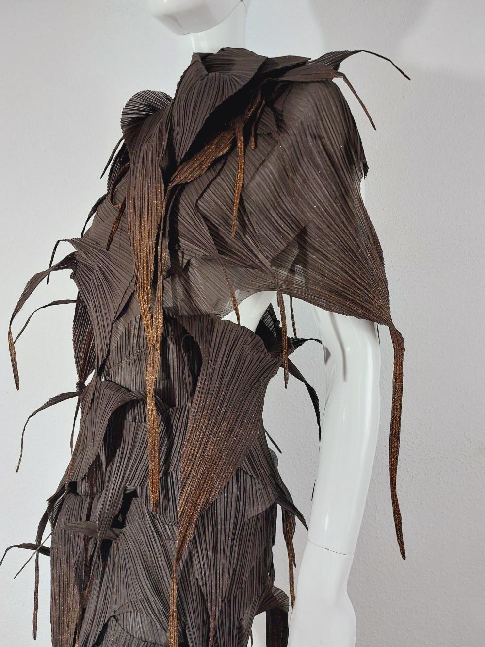 Issey Miyake Brown Gold Fringe Runway Japanese Pleats Please Dress Gown For Sale 3