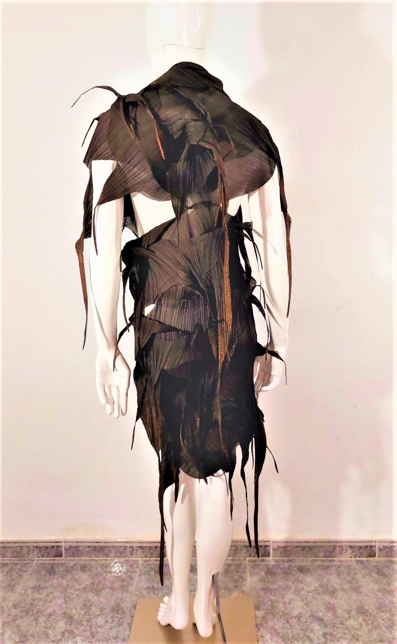 Issey Miyake Brown Gold Fringe Runway Japanese Pleats Please Dress Gown For Sale 4