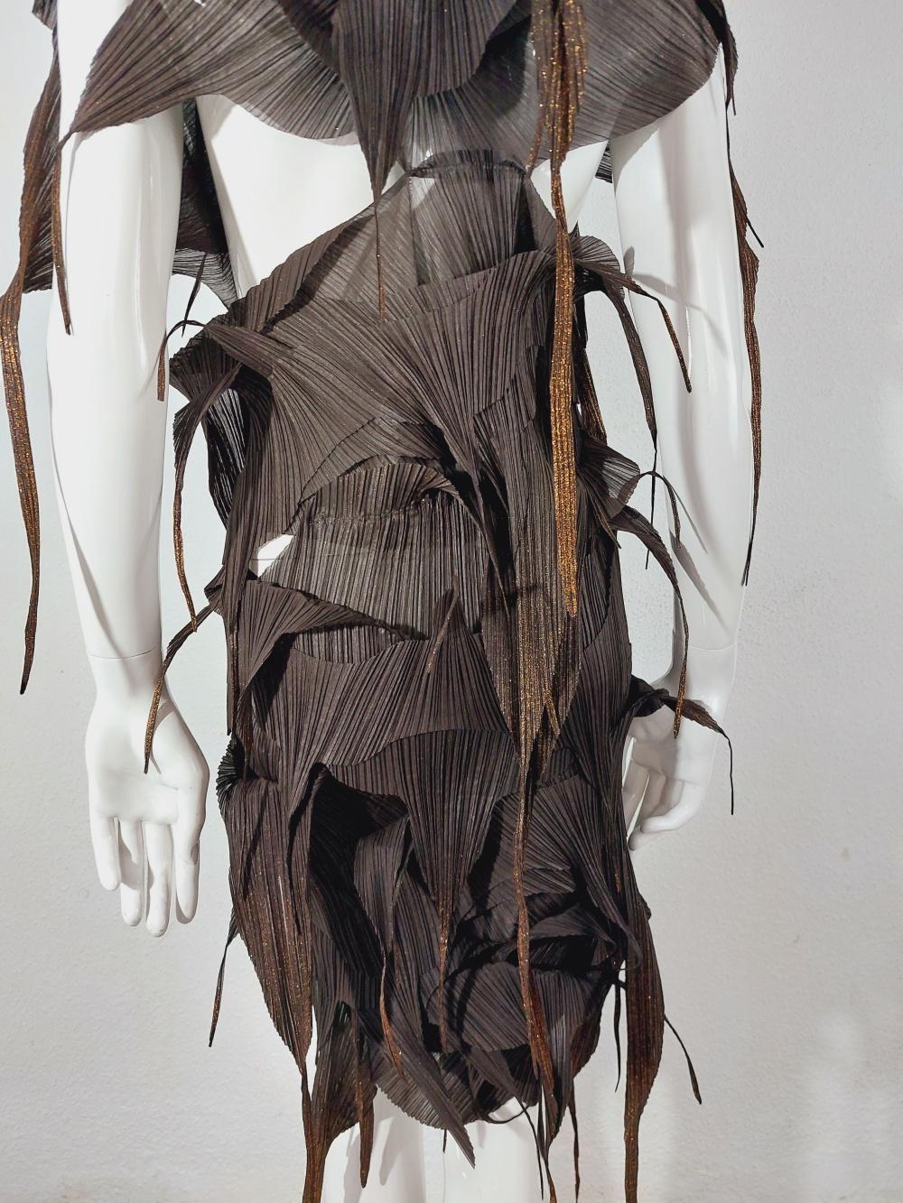Issey Miyake Brown Gold Fringe Runway Japanese Pleats Please Dress Gown For Sale 5
