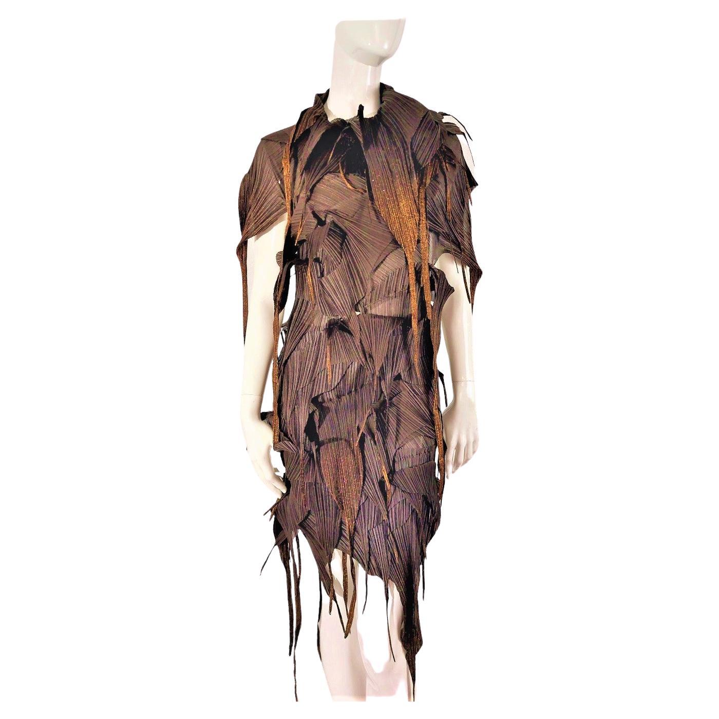 Issey Miyake Brown Gold Fringe Runway Japanese Pleats Please Dress Gown For Sale