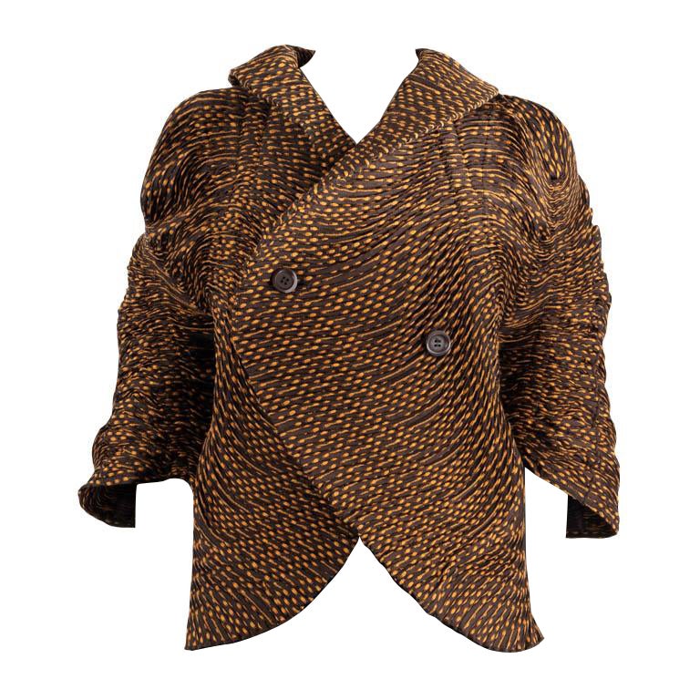 Issey Miyake, camicetta marrone e arancione con maniche a 3/4 a pieghe, camicia 2 S
