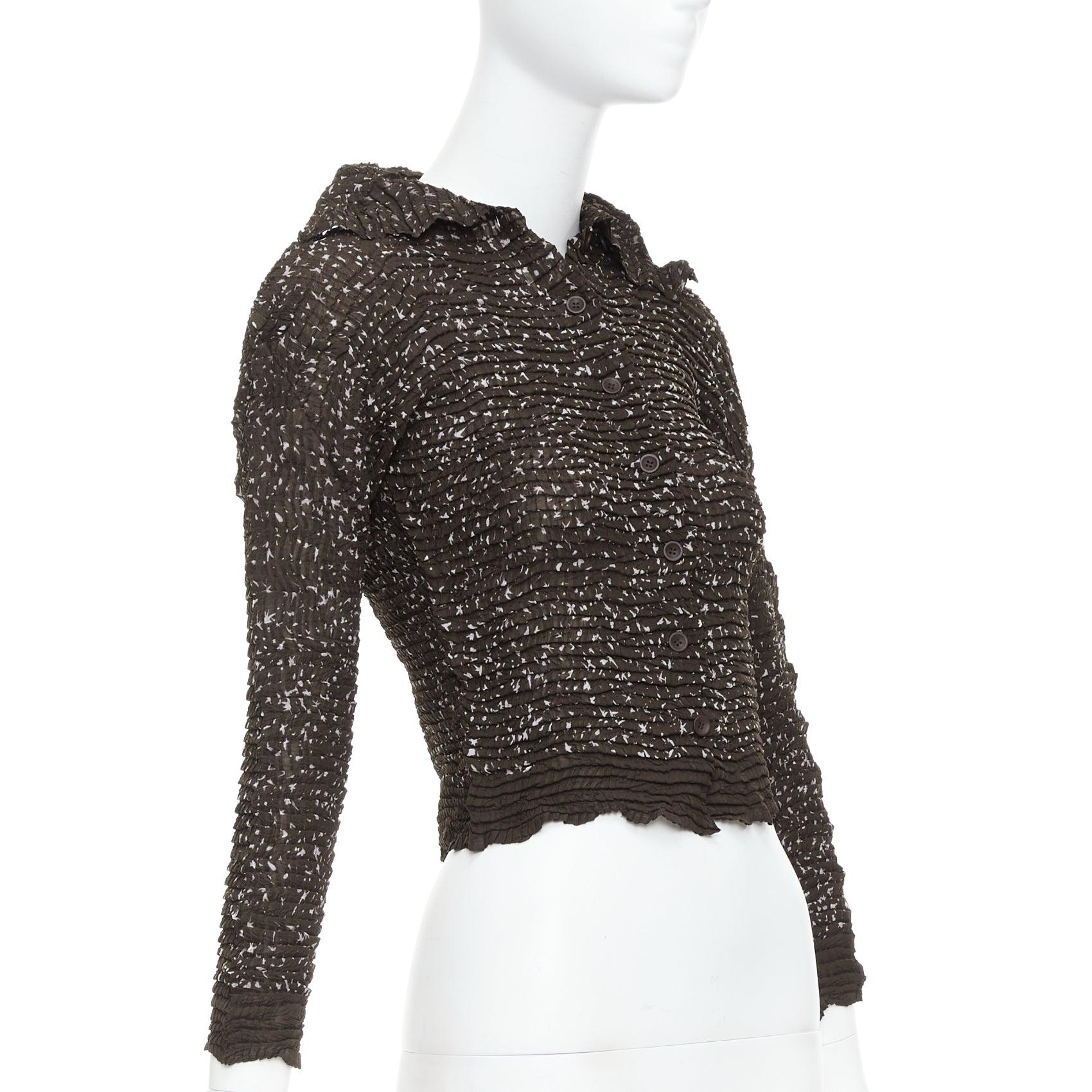 Black ISSEY MIYAKE brown speckle crinkled collared cropped shirt top M For Sale