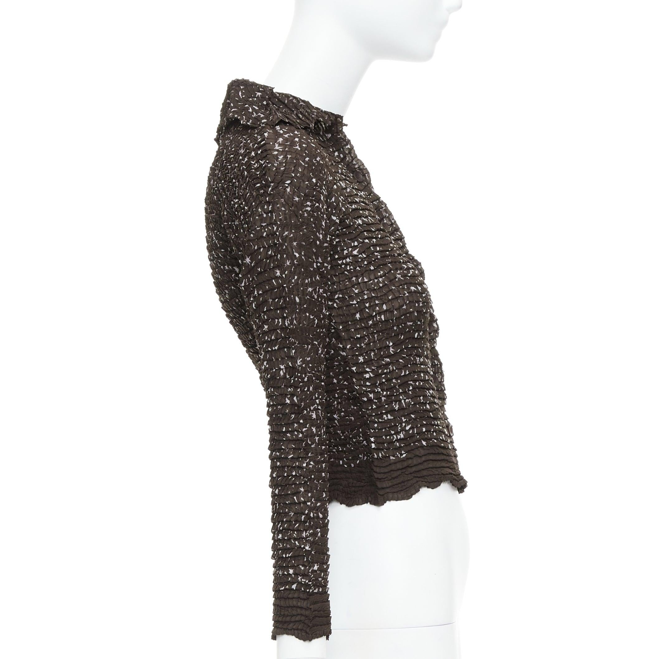 ISSEY MIYAKE brown speckle crinkled collared cropped shirt top M In Excellent Condition For Sale In Hong Kong, NT