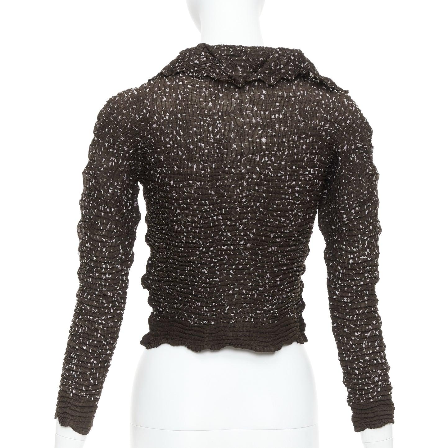 Women's ISSEY MIYAKE brown speckle crinkled collared cropped shirt top M For Sale