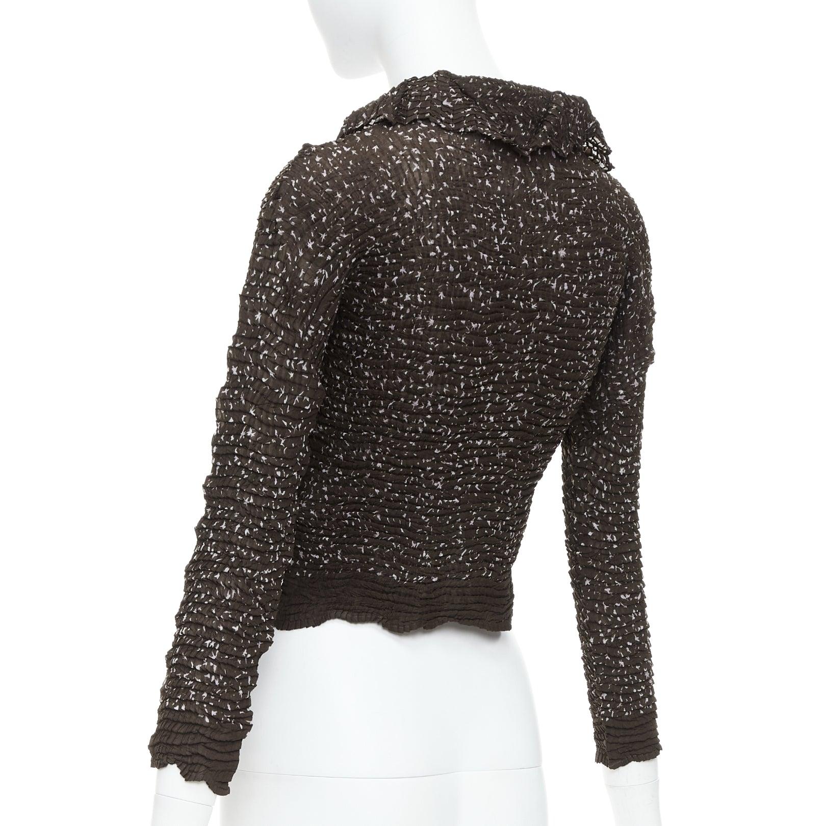 ISSEY MIYAKE brown speckle crinkled collared cropped shirt top M For Sale 1
