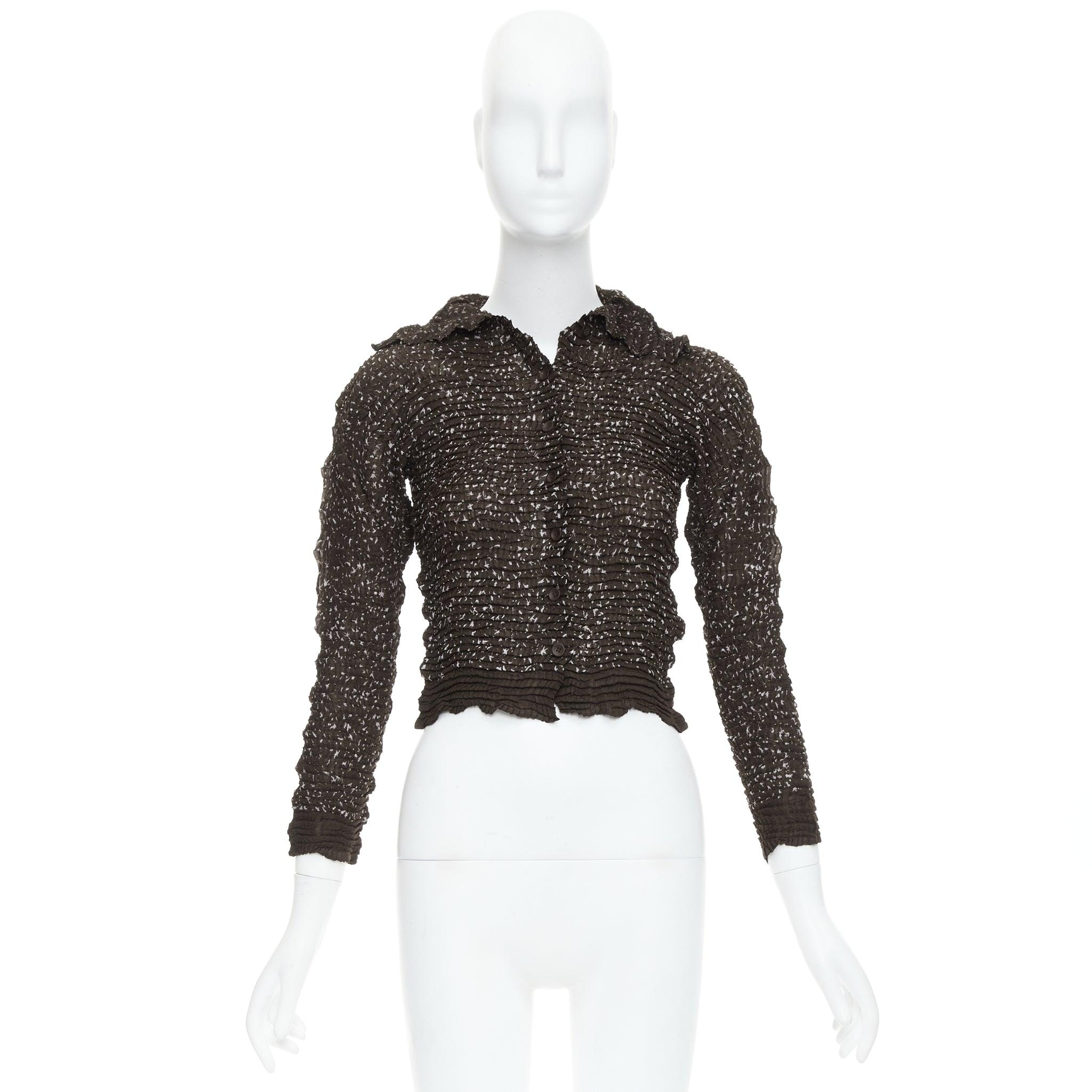 ISSEY MIYAKE brown speckle crinkled collared cropped shirt top M For Sale 4