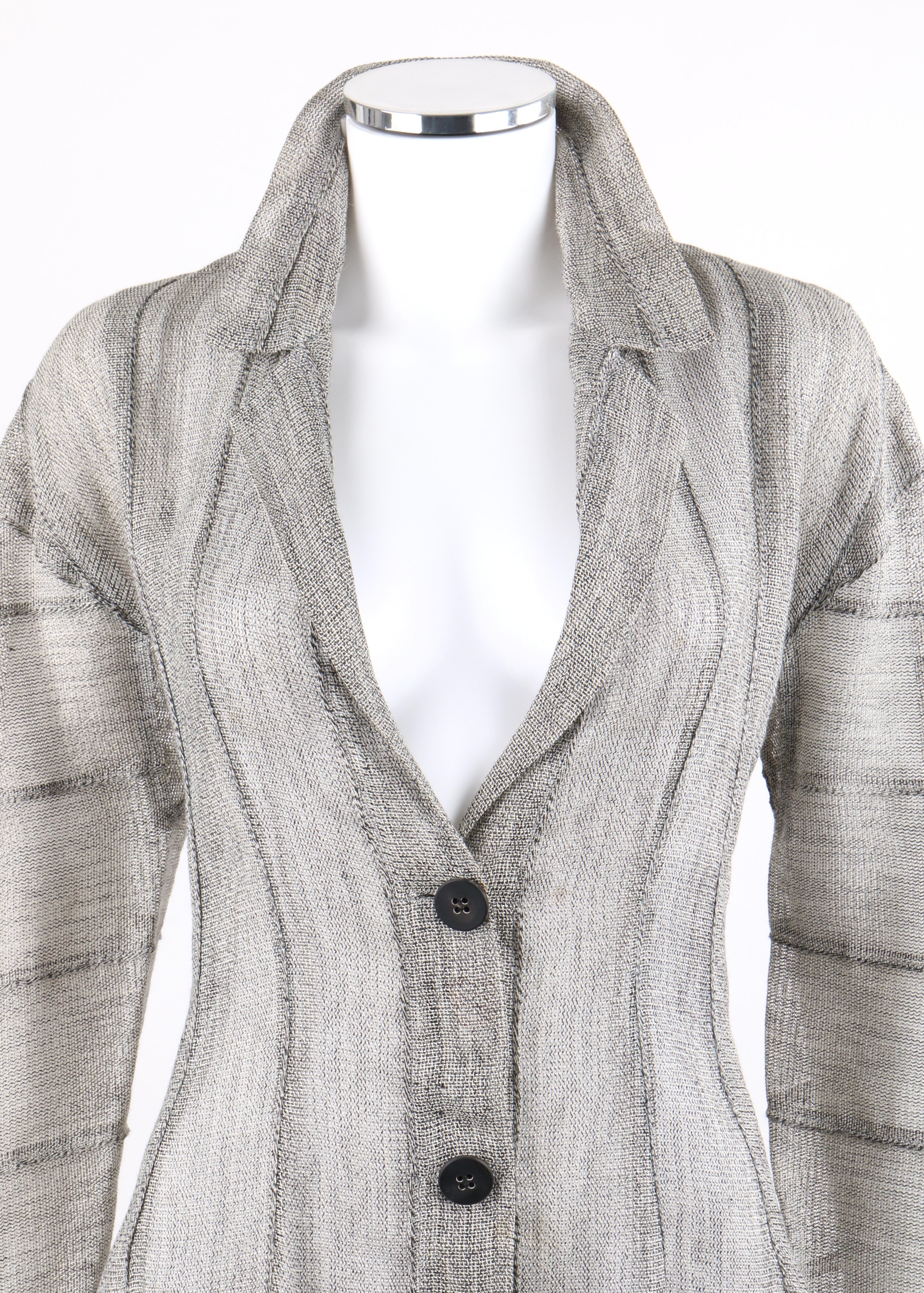 ISSEY MIYAKE c.1990 Heathered Gray Linen Flared Cutout Hem Sheer Knit Blazer Top

Circa: 1990's
Designer: Issey Miyake
Style: Jacket top / blazer
Color(s): Shades of gray, black, white (exterior, interior)
Lined: No
Marked Fabric Content: “100%
