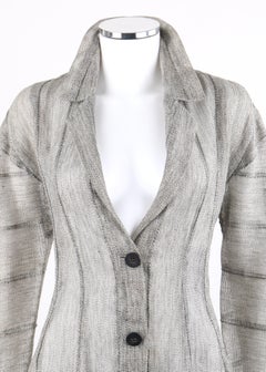 ISSEY MIYAKE c.1990 Heathered Gray Linen Flared Cutout Hem Sheer Knit Blazer Top