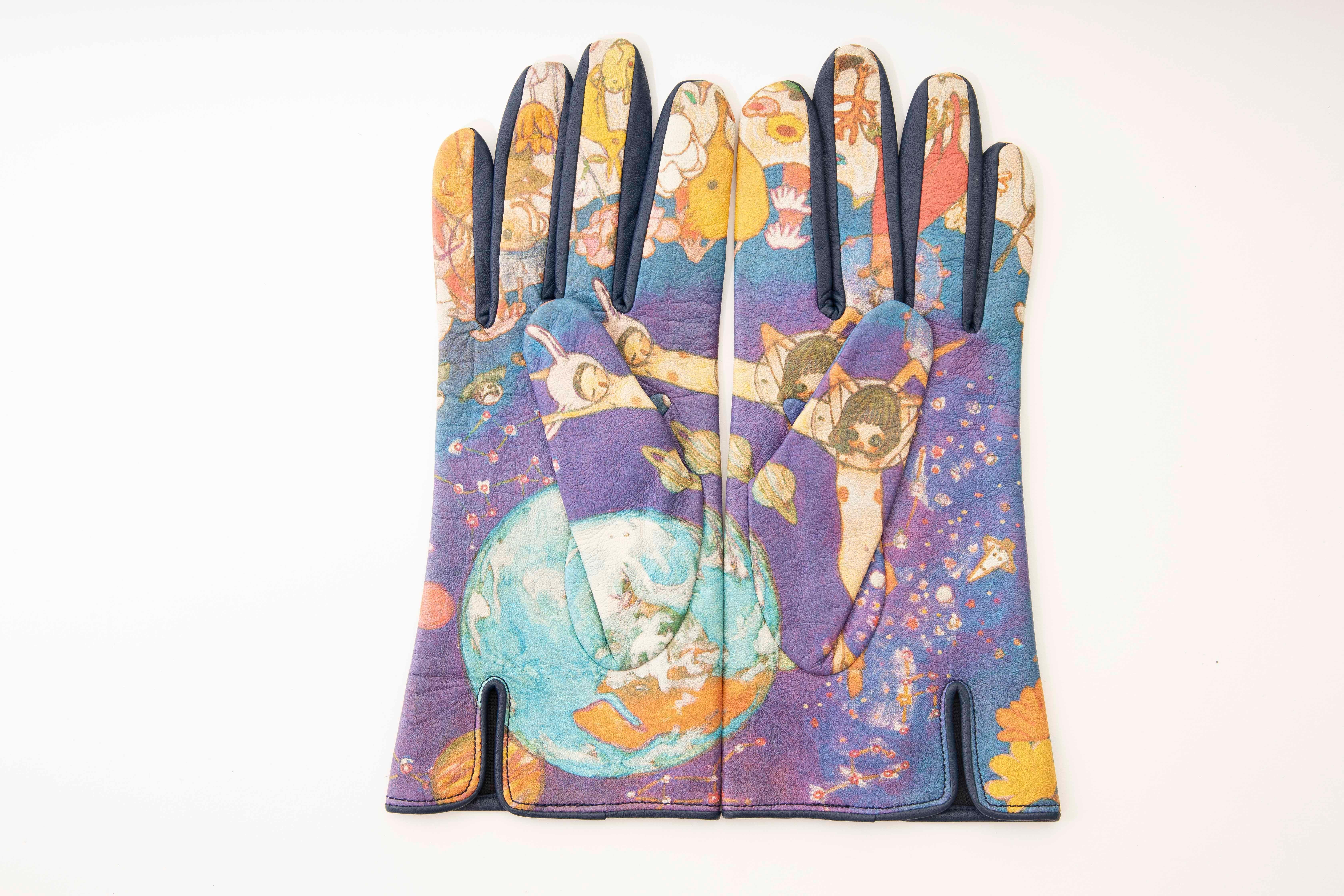 Gray Issey Miyake Celestial Printed Leather Gloves With Navy Leather Trim