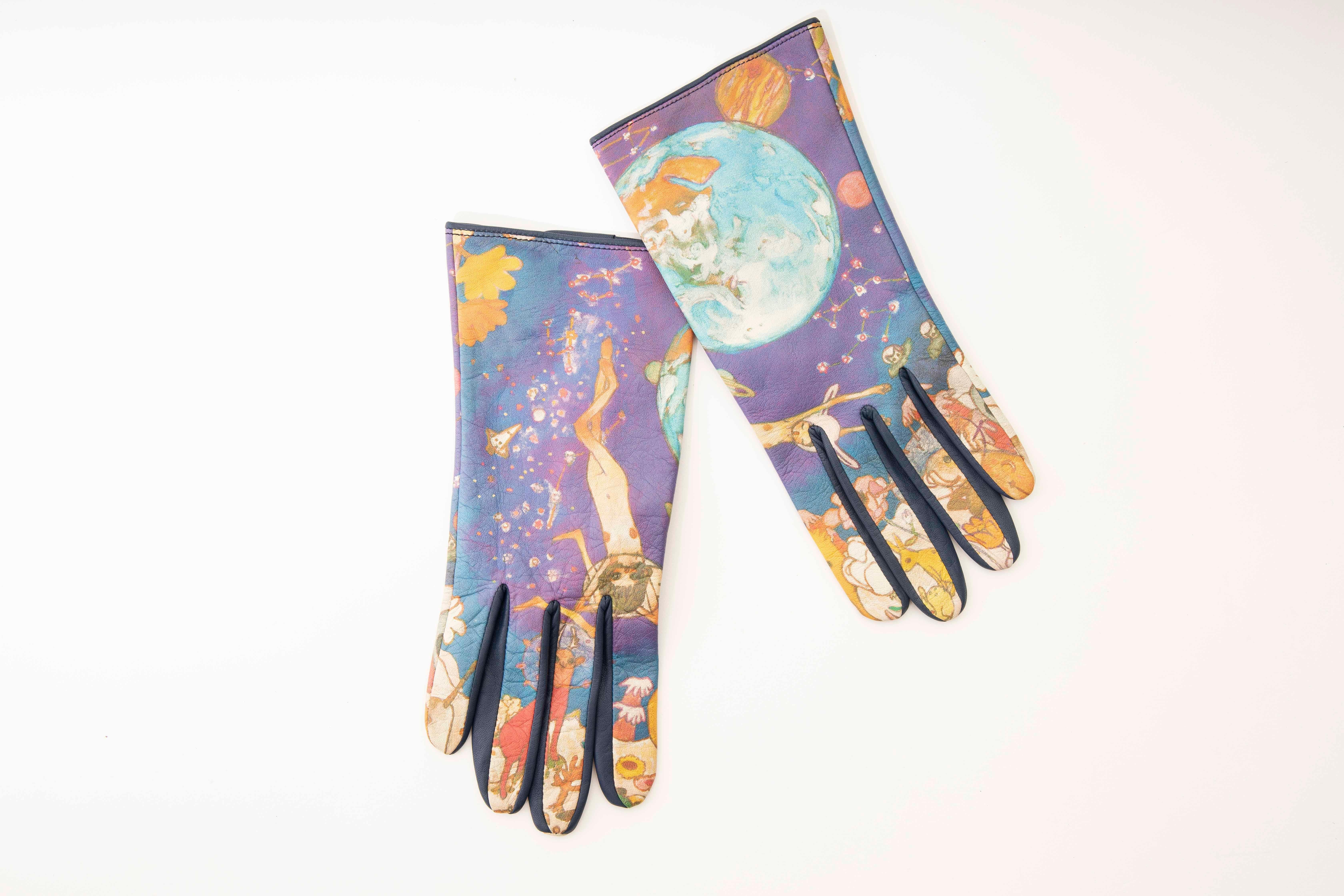Women's or Men's Issey Miyake Celestial Printed Leather Gloves With Navy Leather Trim