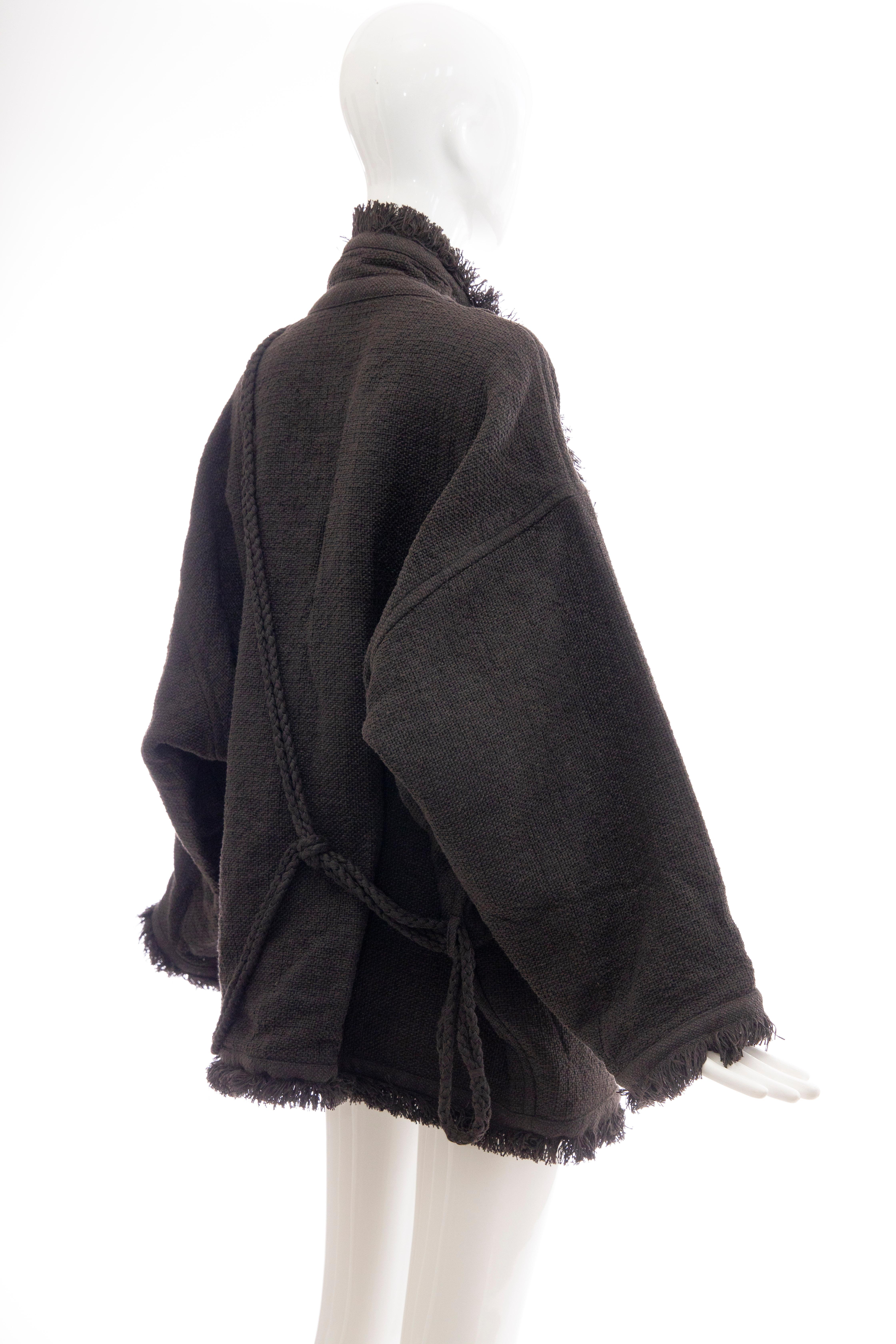 Black Issey Miyake Charcoal Grey Fringed Cotton Wool Woven Jacket, Fall 1984 For Sale