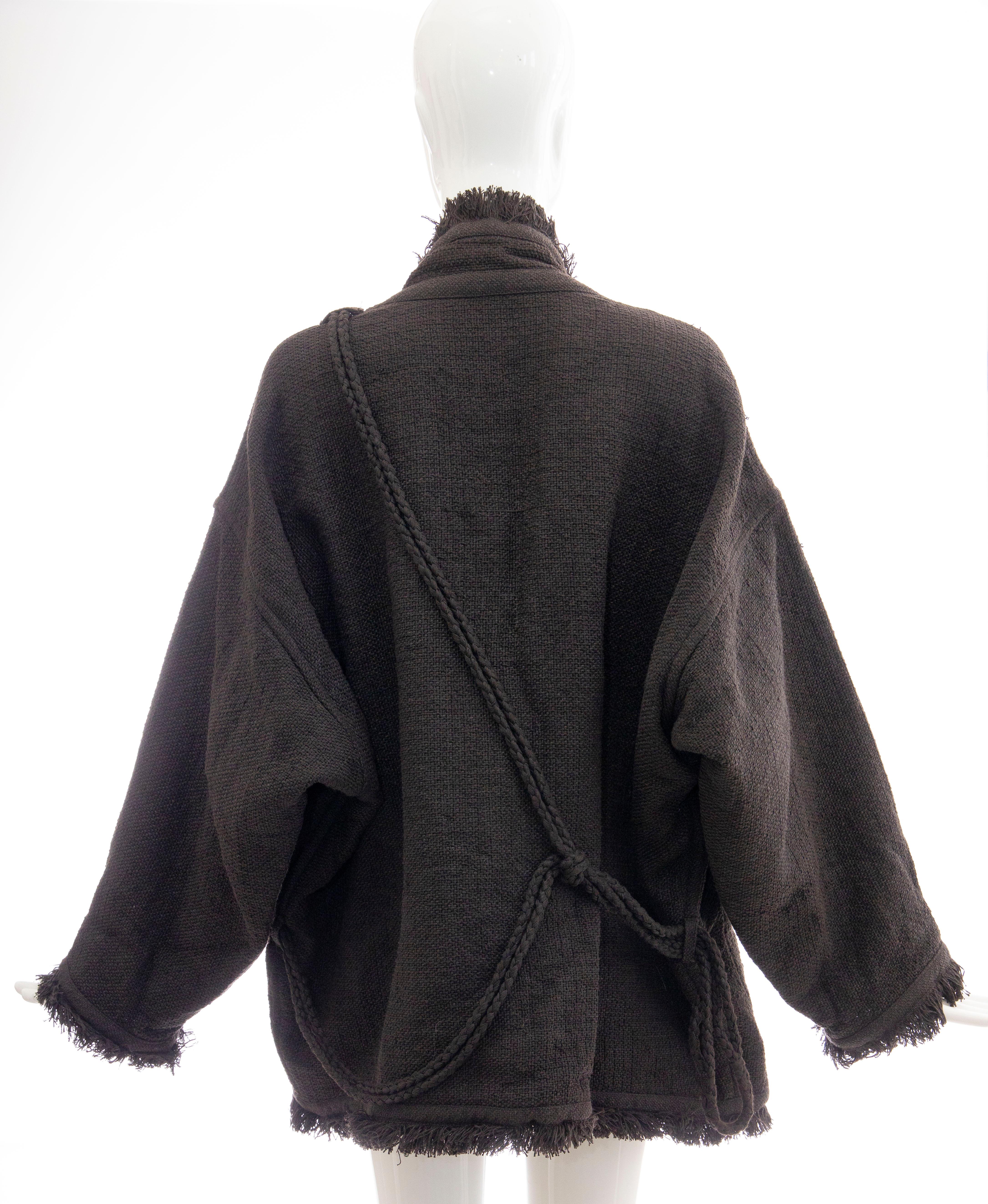 Issey Miyake Charcoal Grey Fringed Cotton Wool Woven Jacket, Fall 1984 In Excellent Condition For Sale In Cincinnati, OH