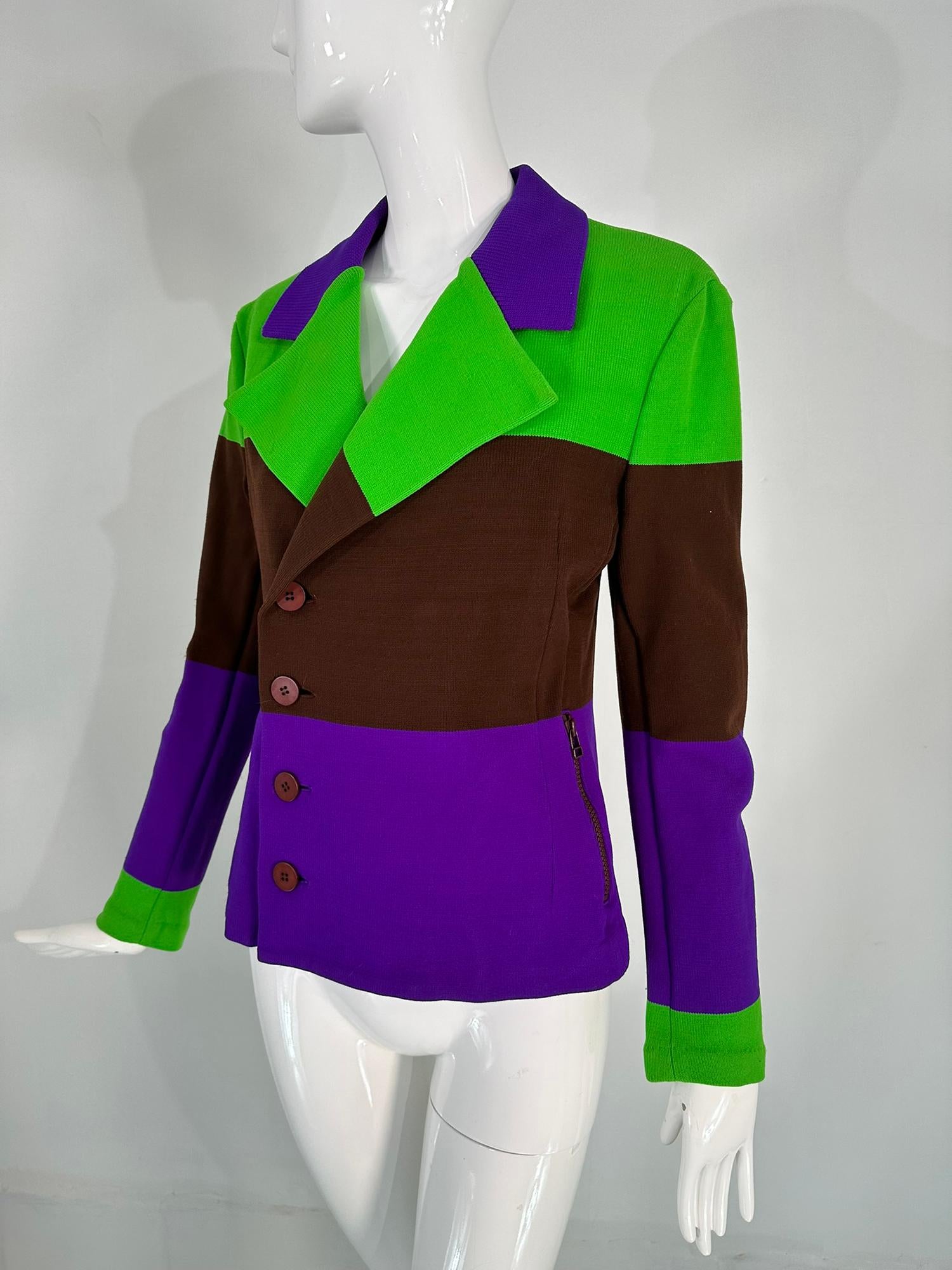 Issey Miyake Colour Block Nylon Knit Jacket in Acid Green Brown & Purple Small For Sale 6