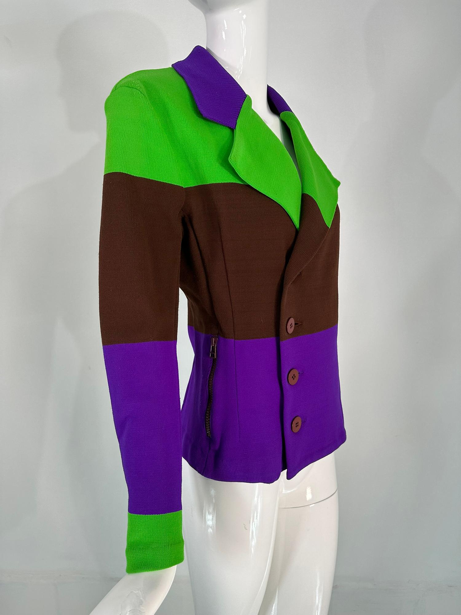 Issey Miyake Colour Block Nylon Knit Jacket in Acid Green Brown & Purple Small In Good Condition For Sale In West Palm Beach, FL