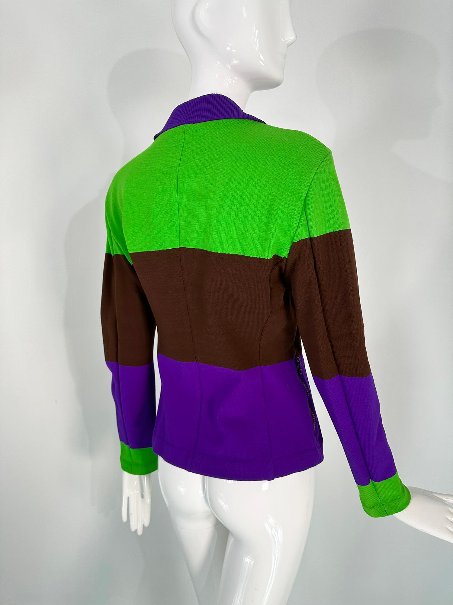 Issey Miyake Colour Block Nylon Knit Jacket in Acid Green Brown & Purple Small For Sale 1