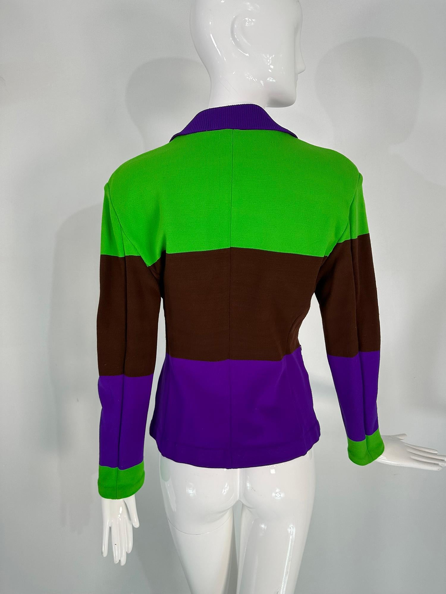Issey Miyake Colour Block Nylon Knit Jacket in Acid Green Brown & Purple Small For Sale 2