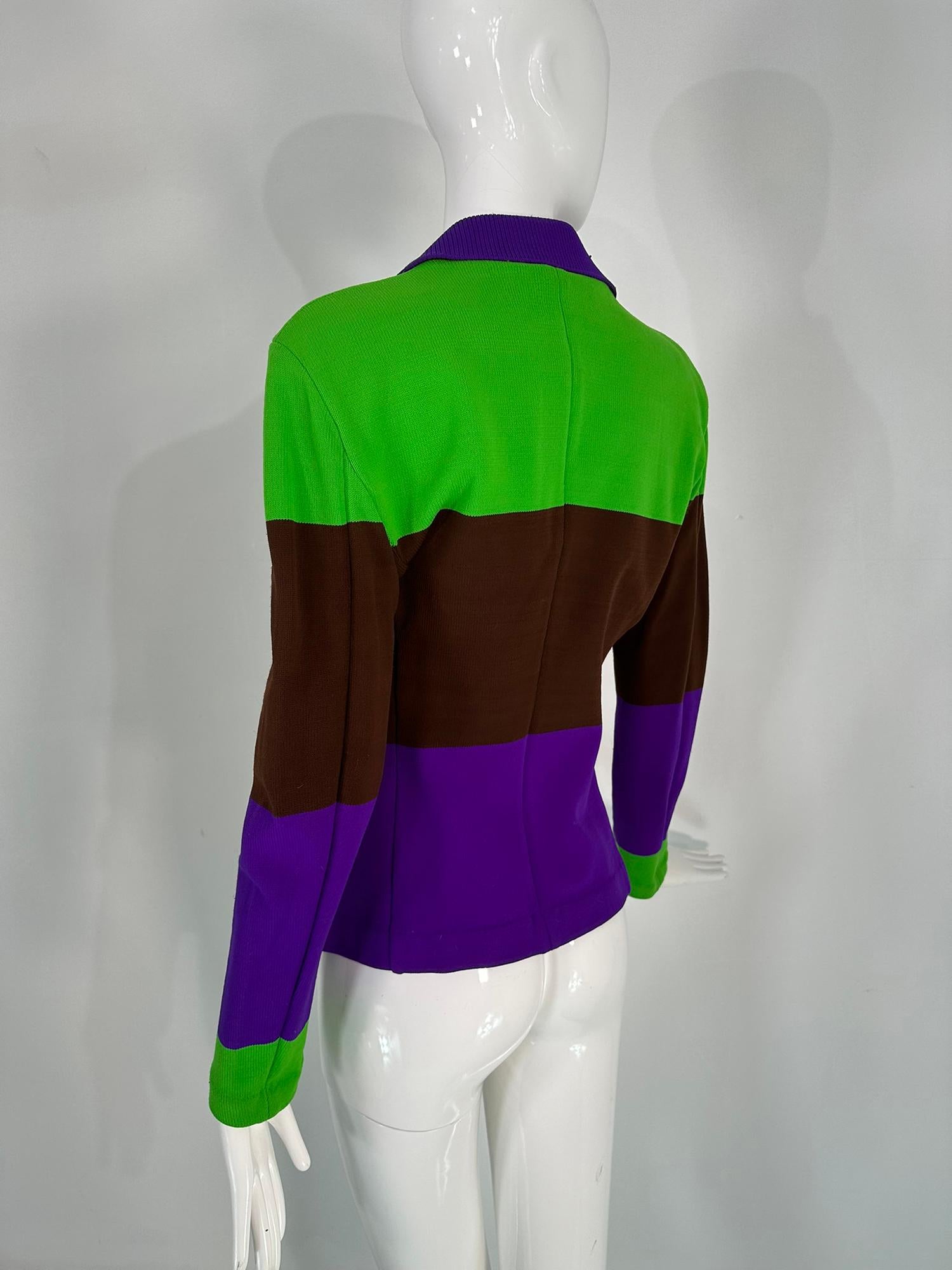 Issey Miyake Colour Block Nylon Knit Jacket in Acid Green Brown & Purple Small For Sale 3