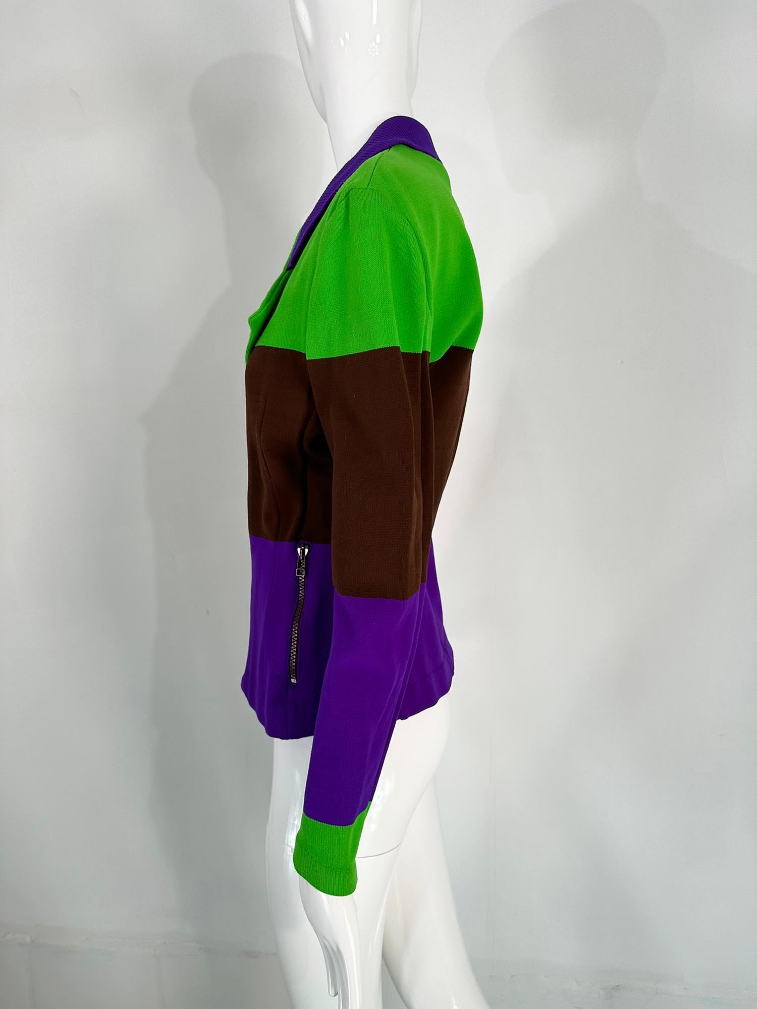 Issey Miyake Colour Block Nylon Knit Jacket in Acid Green Brown & Purple Small For Sale 4