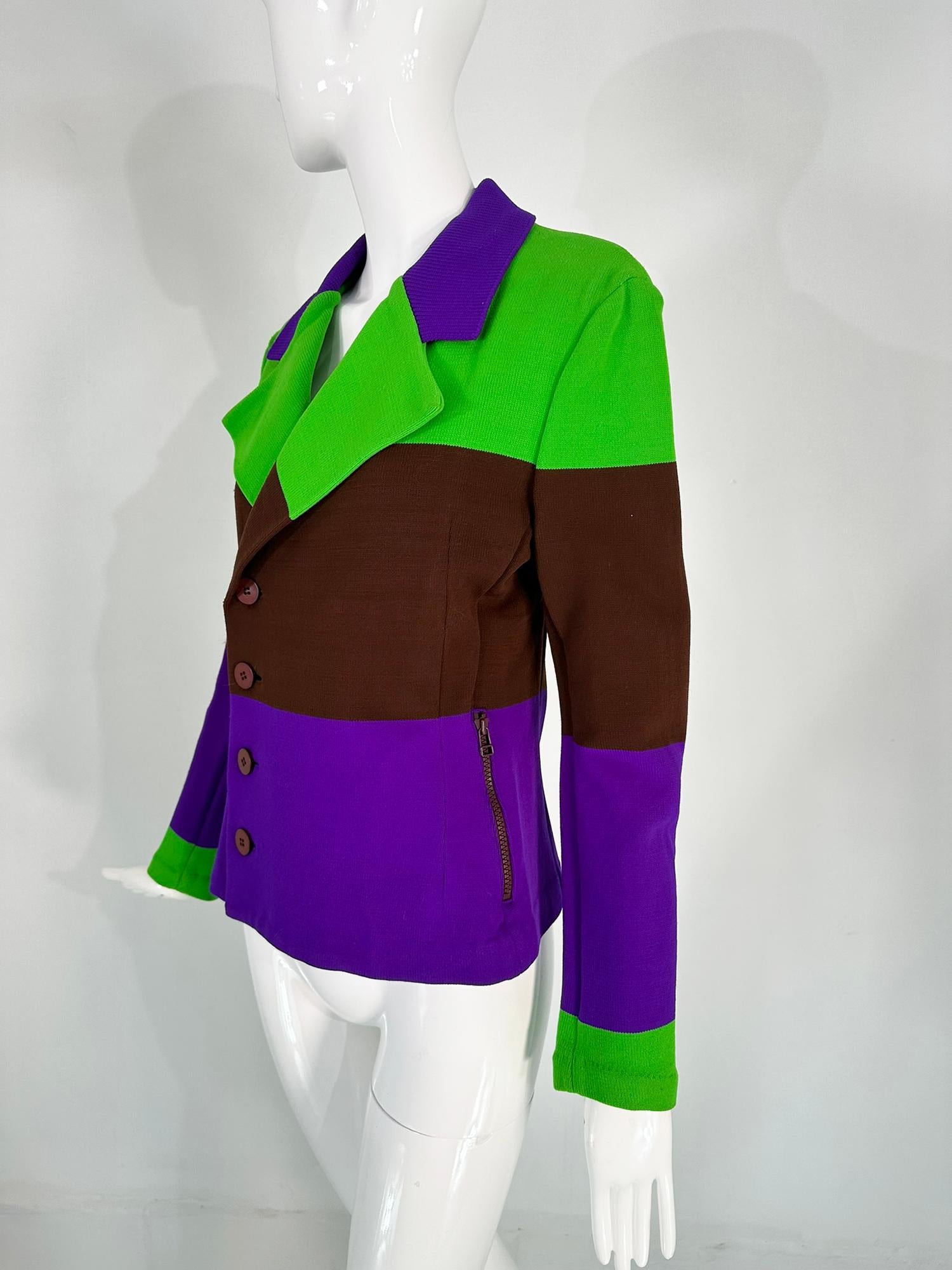 Issey Miyake Colour Block Nylon Knit Jacket in Acid Green Brown & Purple Small For Sale 5