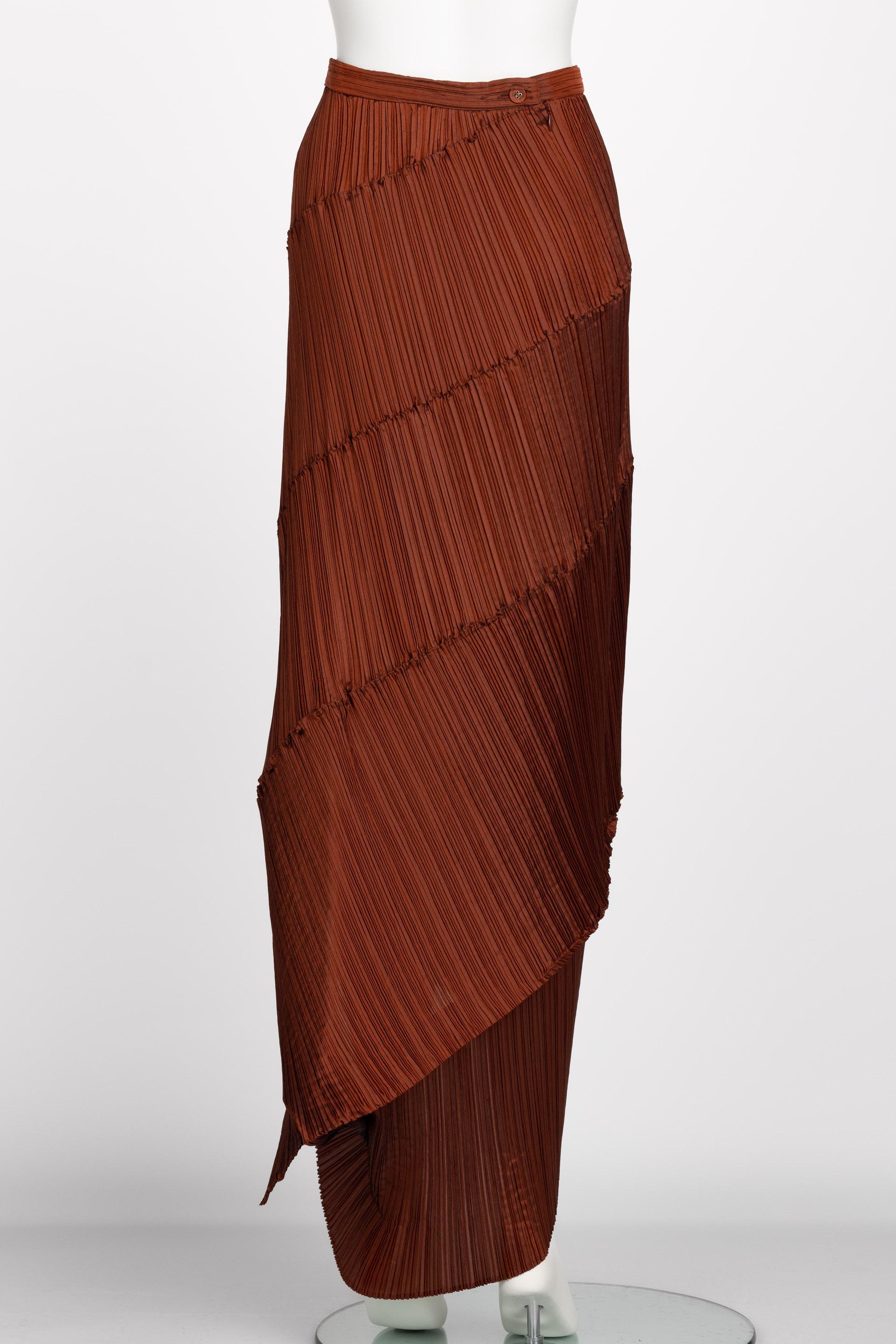 Brown Issey Miyake Copper  Pleated Spiral Skirt, 1990S For Sale