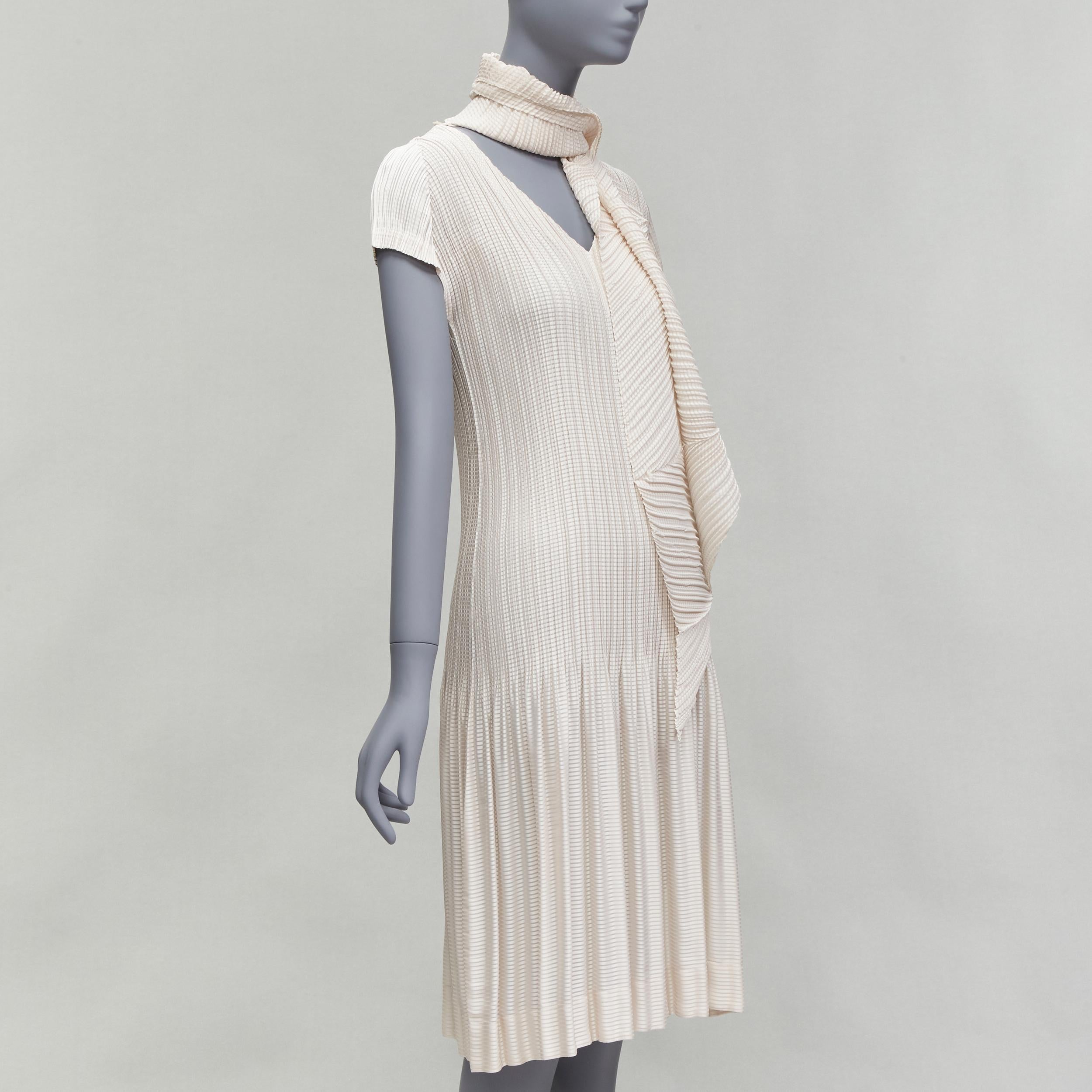 Gray ISSEY MIYAKE cream horizontal stripe plisse V neck midi dress JP2 M