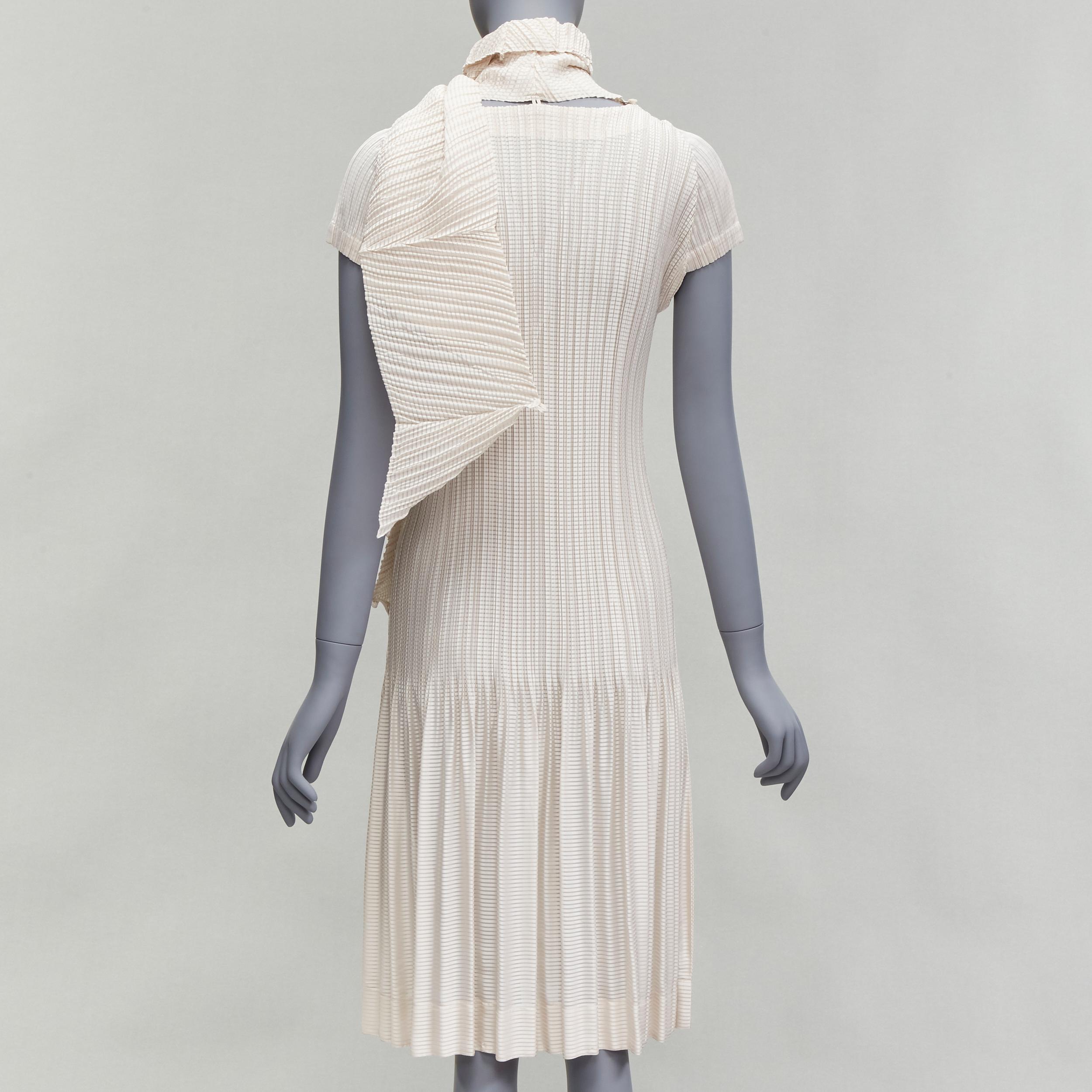 Women's ISSEY MIYAKE cream horizontal stripe plisse V neck midi dress JP2 M