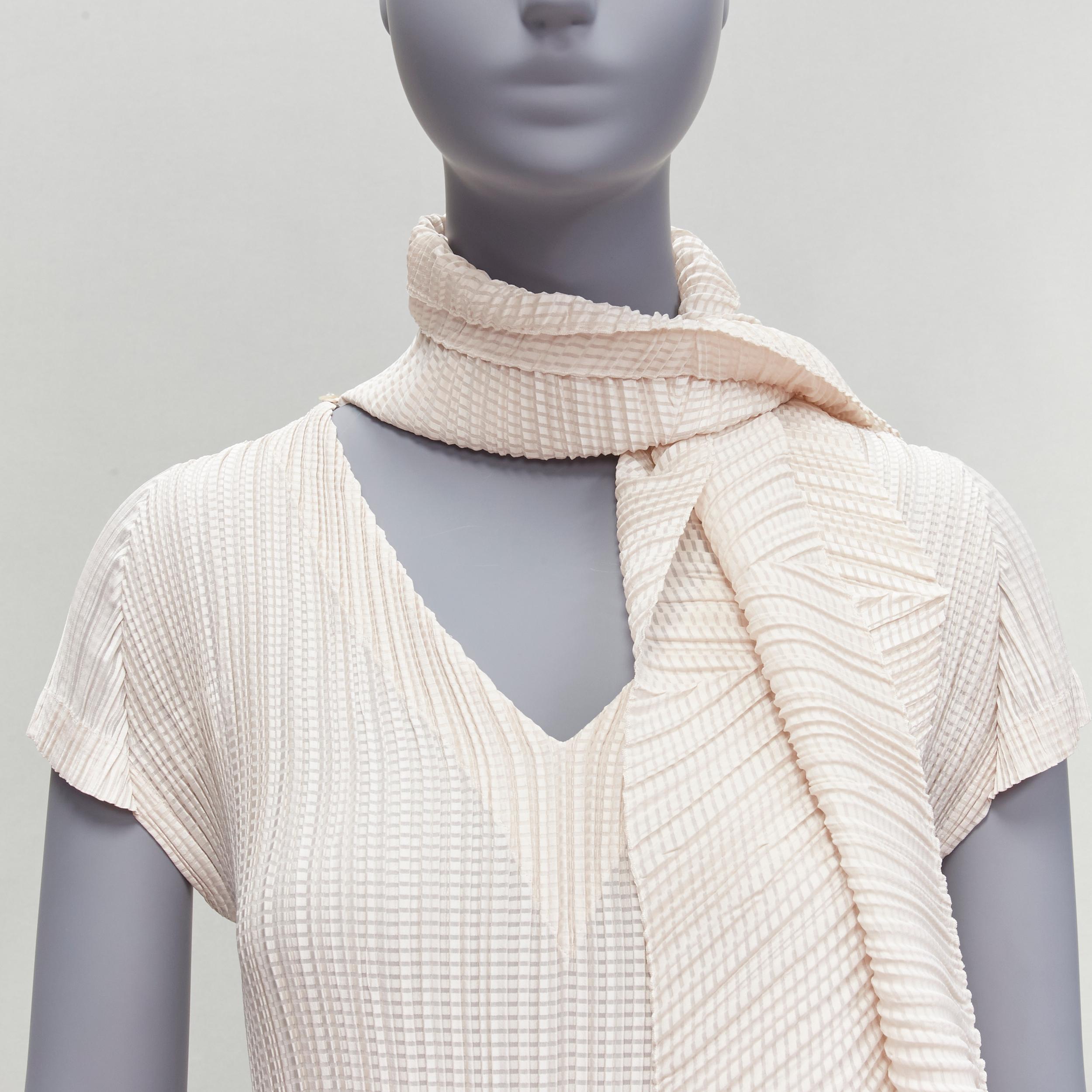 ISSEY MIYAKE cream horizontal stripe plisse V neck midi dress JP2 M 2