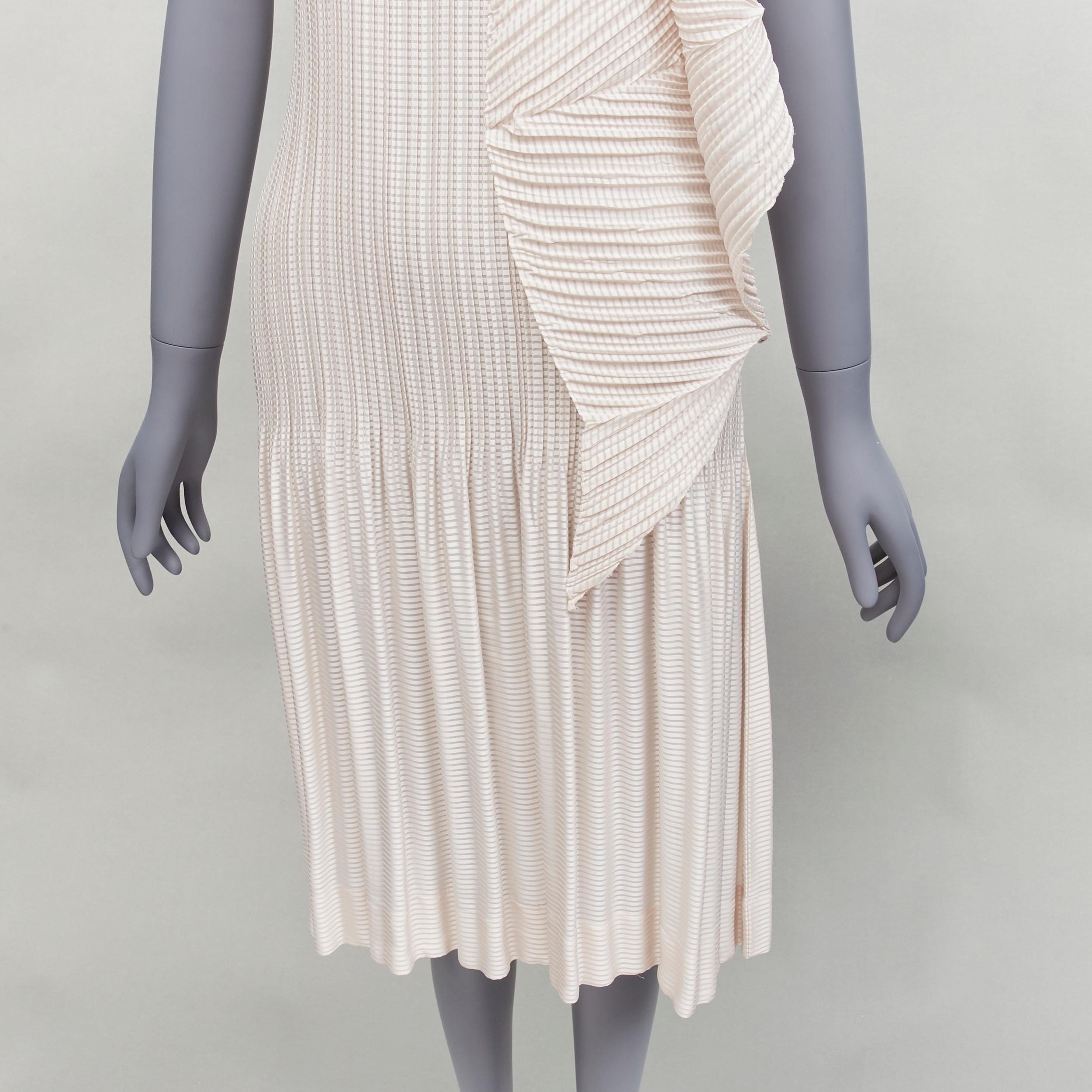 ISSEY MIYAKE cream horizontal stripe plisse V neck midi dress JP2 M 3