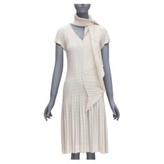 ISSEY MIYAKE cream horizontal stripe plisse V neck midi dress JP2 M