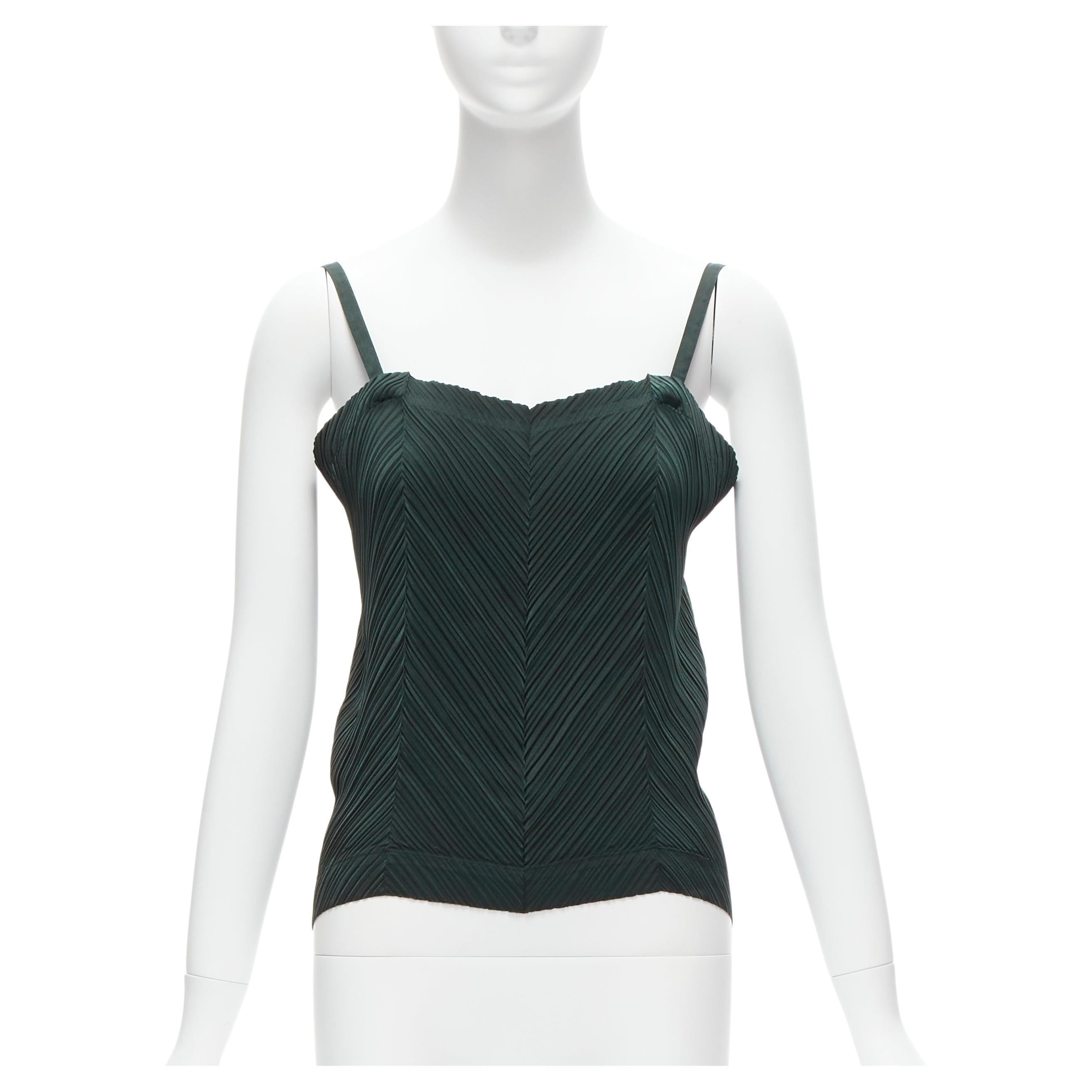 ISSEY MIYAKE dark green spaghetti strap plisse camisole vest top M For Sale